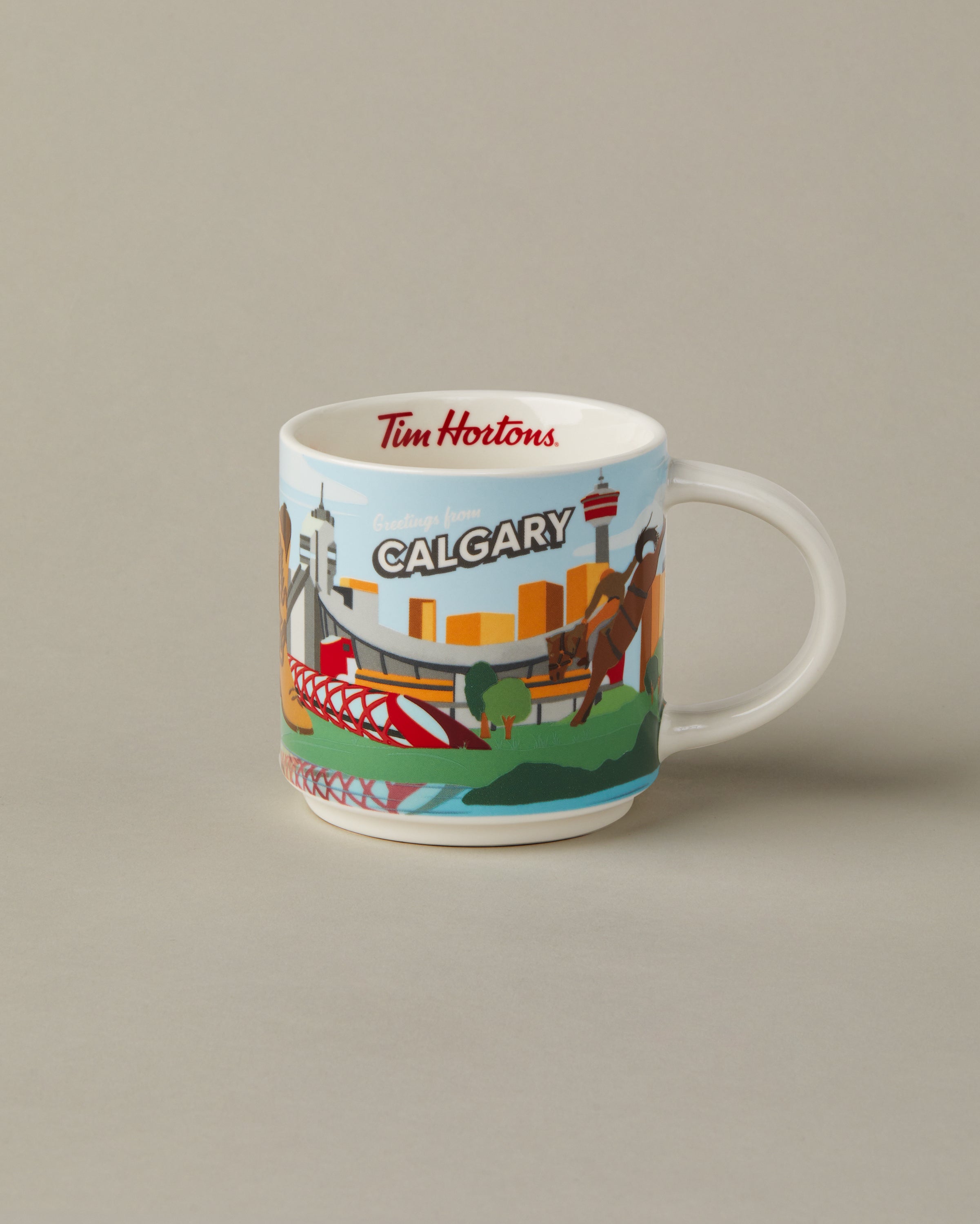 16oz ceramic Tim Hortons mug with Calgary skyline design | Tasse Tim Hortons de 16 oz représentant l’horizon de Calgary. - Image #1