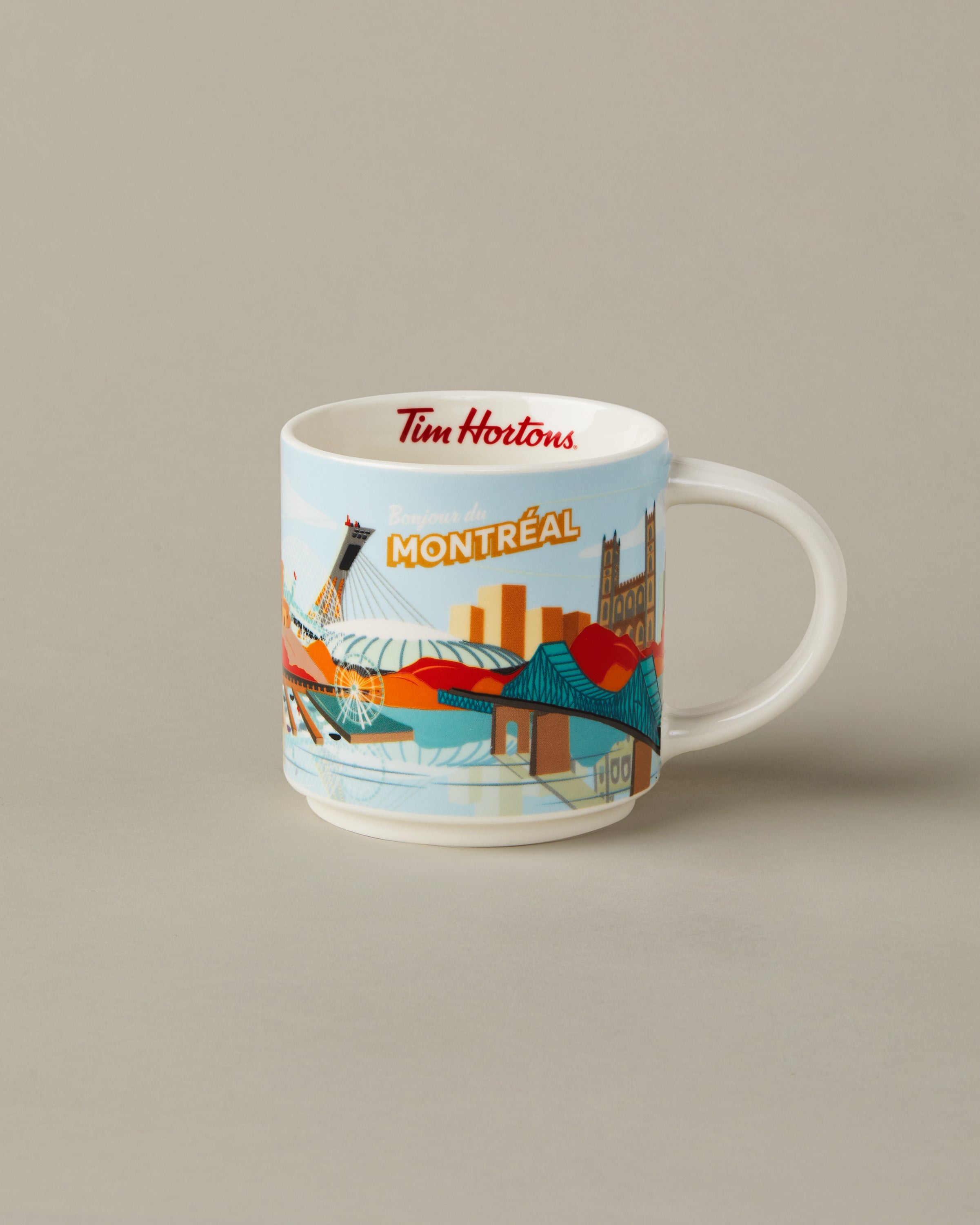 16oz ceramic Tim Hortons mug with Montreal skyline design | Tasse Tim Hortons de 16 oz représentant l’horizon de Montréal. - Image #1