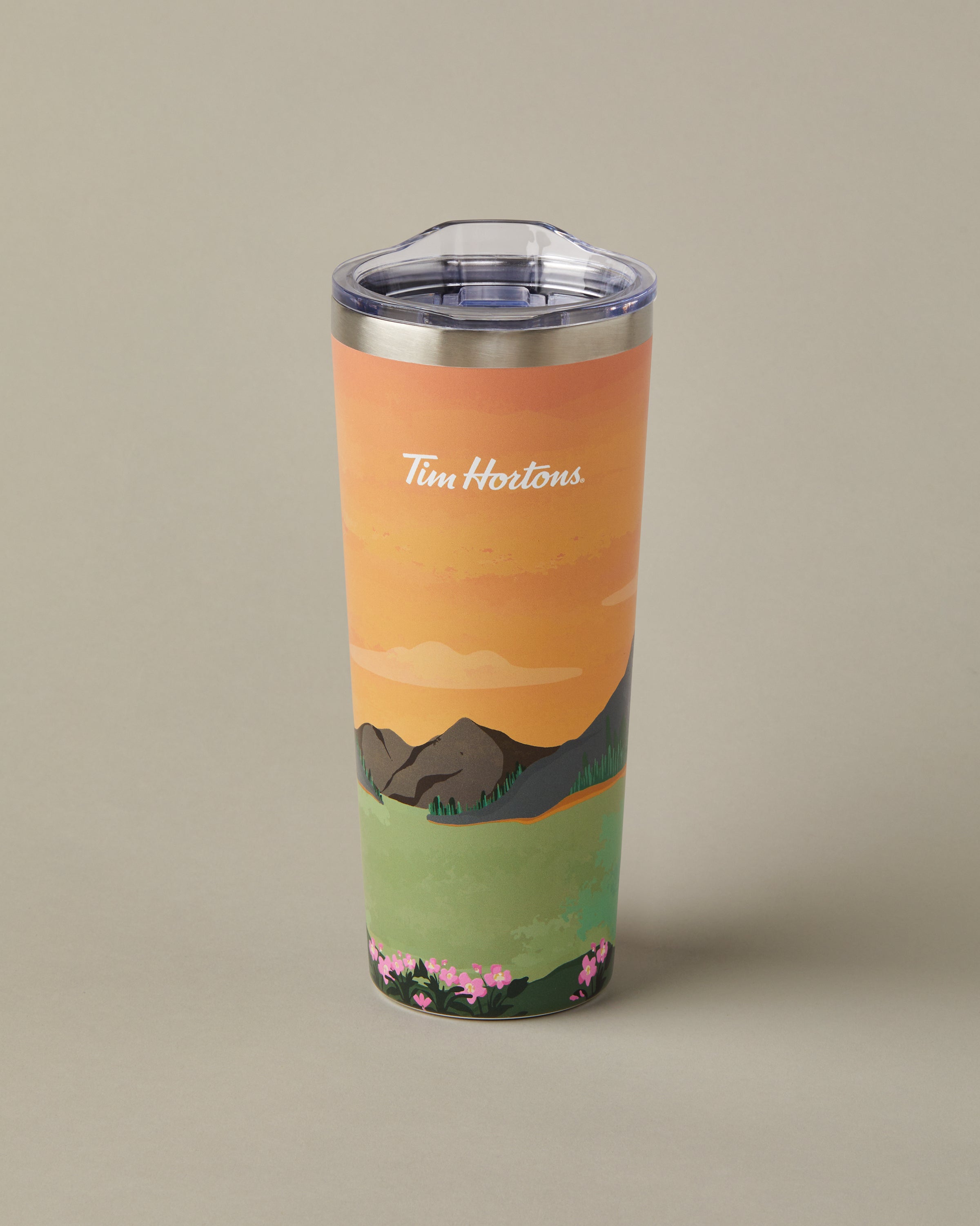 22oz stainless steel Tim Hortons travel mug with Ontario landscape design, insulated for hot and cold drinks | Gobelet de voyage en acier inoxydable Tim Hortons de 22 oz représentant des paysages de Alberta, isotherme pour boissons chaudes et froides. - Image #2