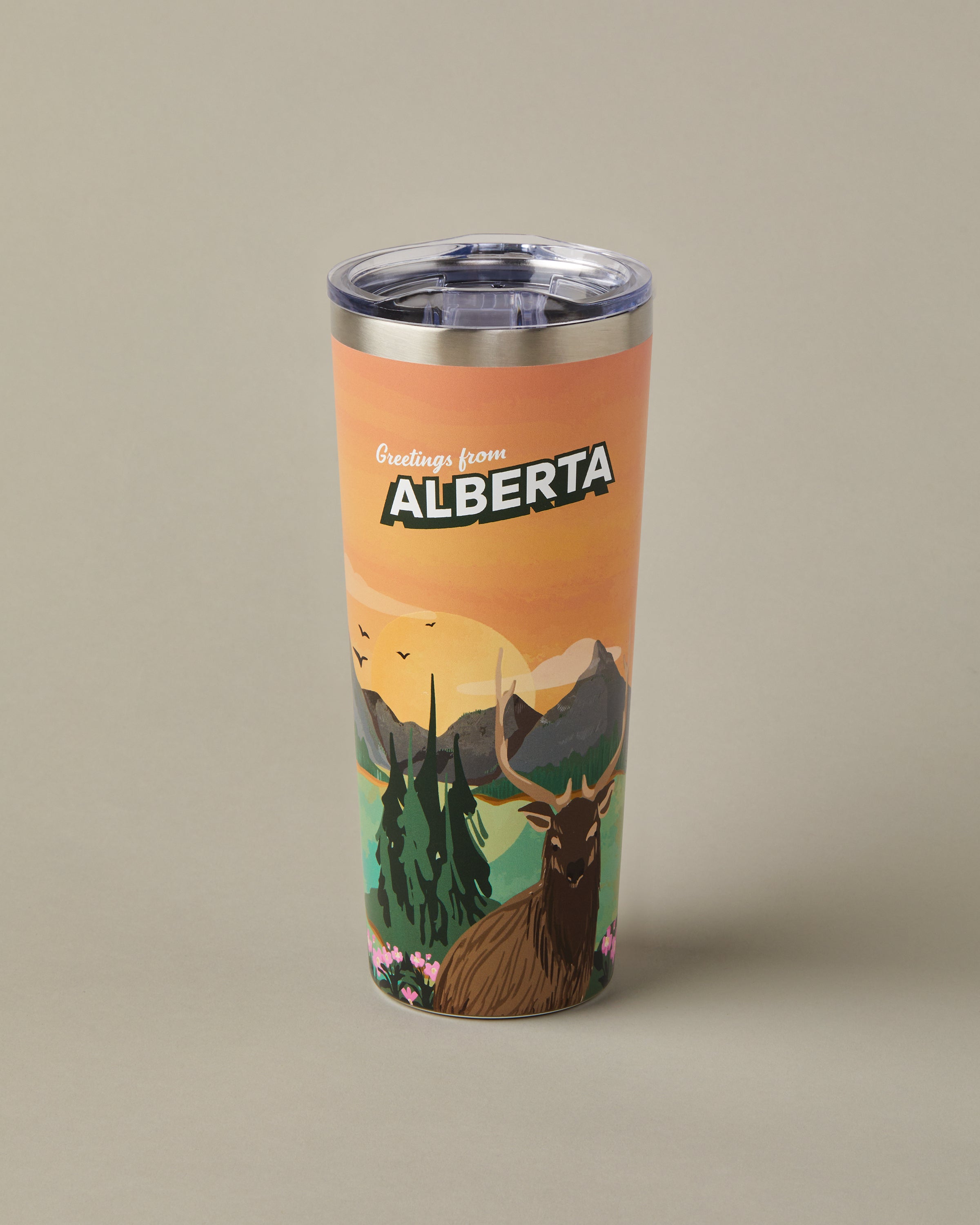 22oz stainless steel Tim Hortons travel mug with Ontario landscape design, insulated for hot and cold drinks | Gobelet de voyage en acier inoxydable Tim Hortons de 22 oz représentant des paysages de Alberta, isotherme pour boissons chaudes et froides. - Image #1