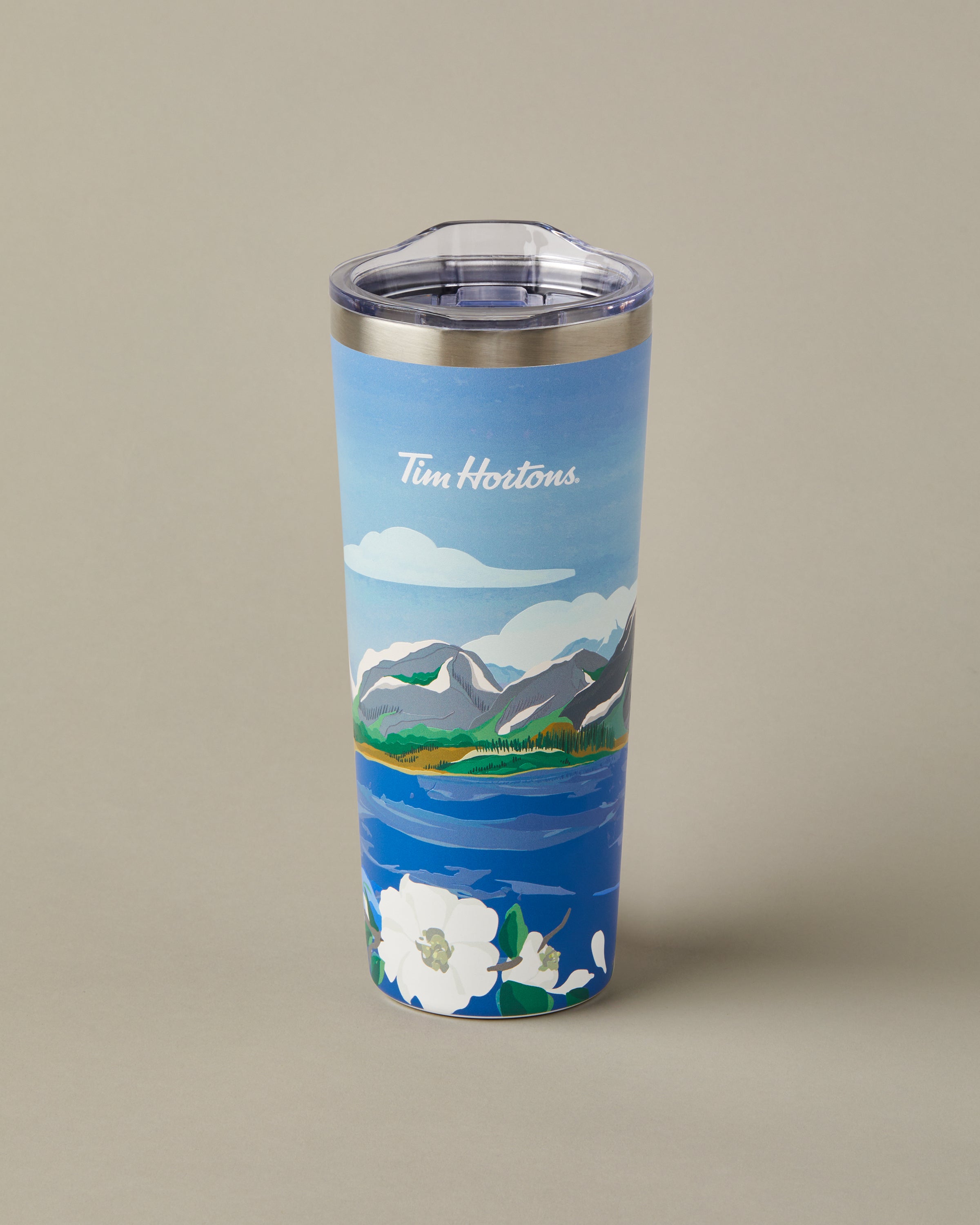 22oz stainless steel Tim Hortons travel mug with Ontario landscape design, insulated for hot and cold drinks | Gobelet de voyage en acier inoxydable Tim Hortons de 22 oz représentant des paysages de l’Ontario, isotherme pour boissons chaudes et froides. - Image #2