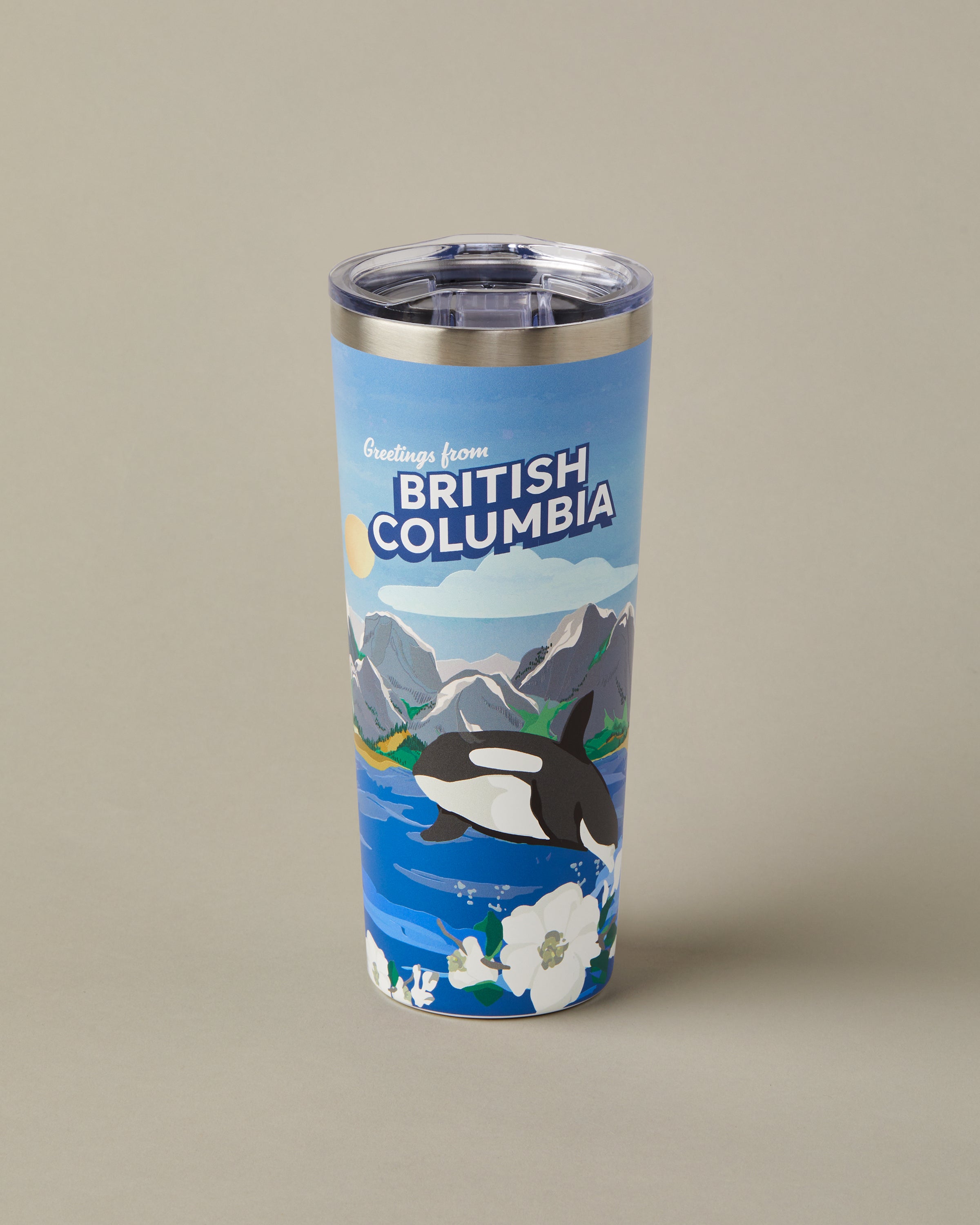 22oz stainless steel Tim Hortons travel mug with Ontario landscape design, insulated for hot and cold drinks | Gobelet de voyage en acier inoxydable Tim Hortons de 22 oz représentant des paysages de l’Ontario, isotherme pour boissons chaudes et froides. - Image #1