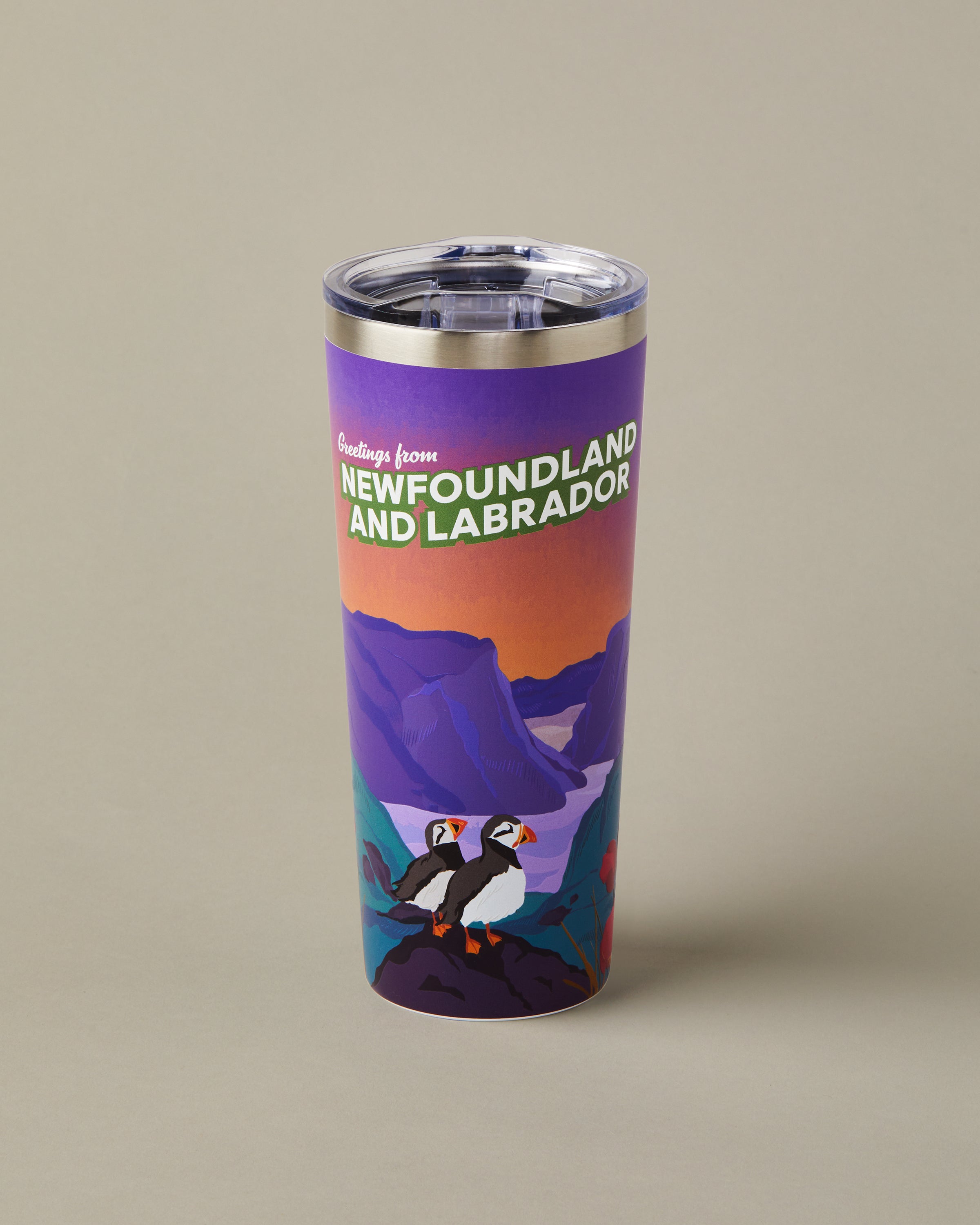 22oz stainless steel Tim Hortons travel mug with Newfoundland and Labrador landscape design, insulated for hot and cold drinks | Gobelet de voyage en acier inoxydable Tim Hortons de 22 oz représentant des paysages de Terre-Neuve-et-Labrador, isotherme pour boissons chaudes et froides. - Image #1