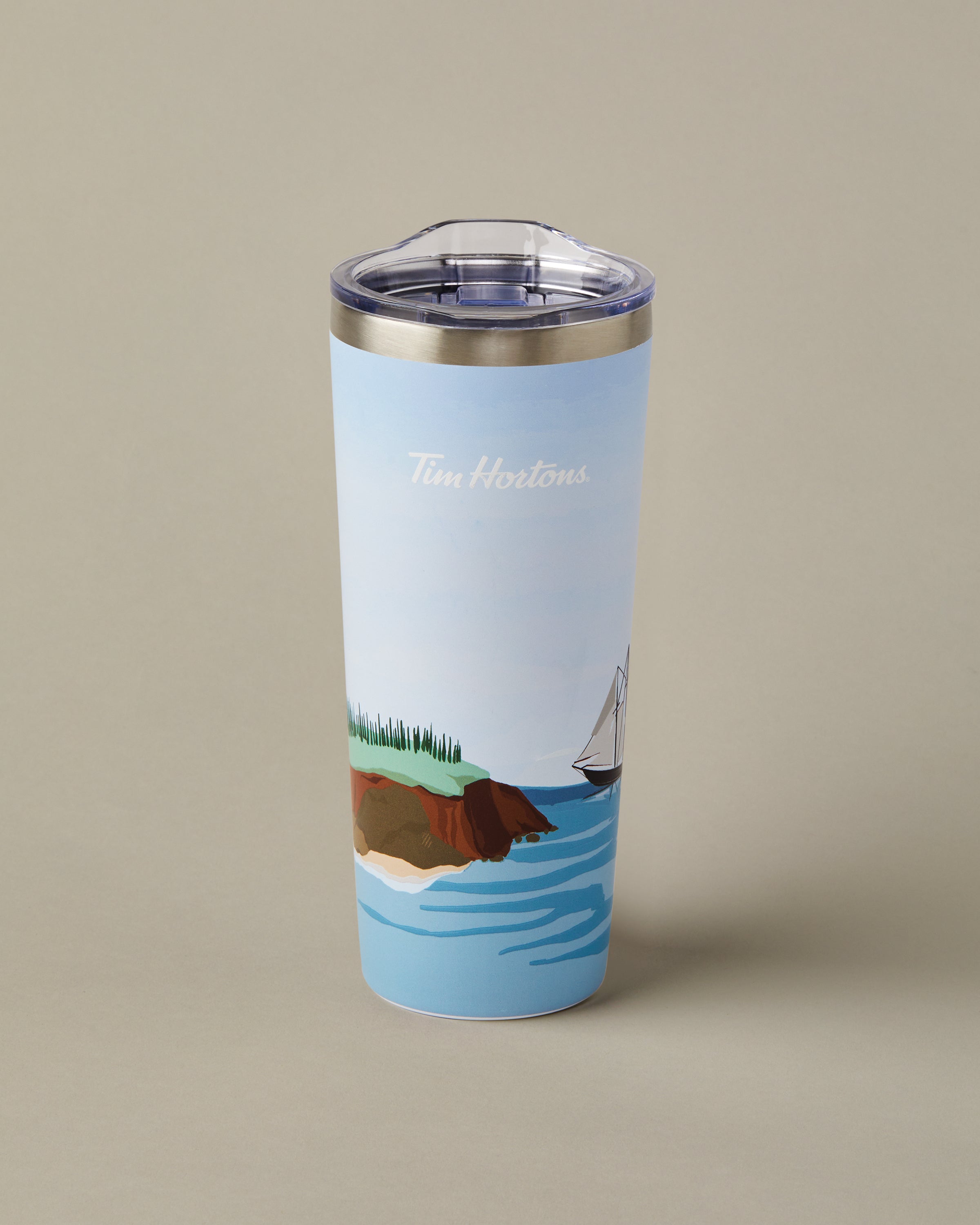 22oz stainless steel Tim Hortons travel mug with Nova Scotia landscape design, insulated for hot and cold drinks | Gobelet de voyage en acier inoxydable Tim Hortons de 22 oz représentant des paysages de la Nouvelle-Écosse, isotherme pour boissons chaudes et froides. - Image #2