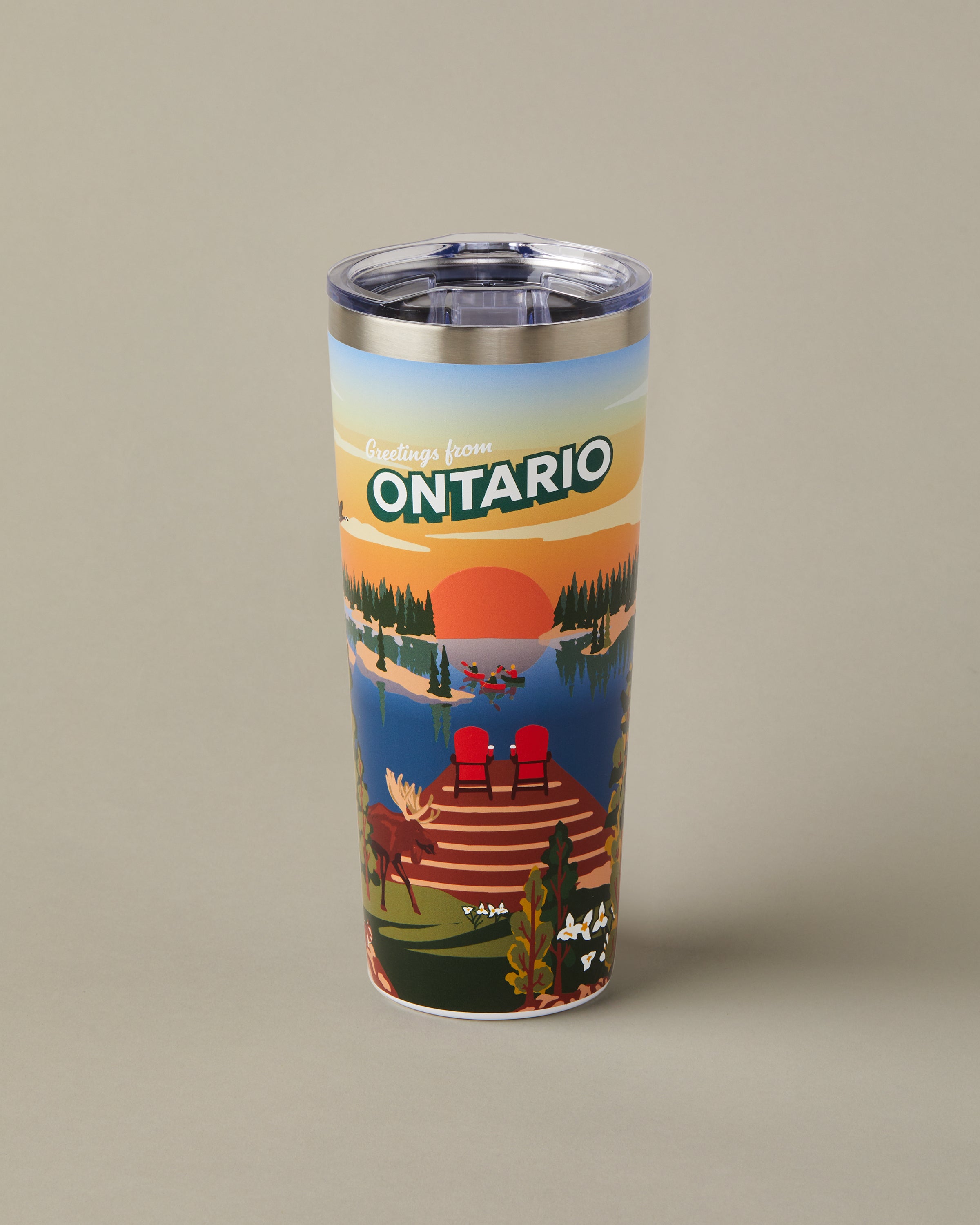 22oz stainless steel Tim Hortons travel mug with Ontario landscape design, insulated for hot and cold drinks | Gobelet de voyage en acier inoxydable Tim Hortons de 22 oz représentant des paysages de l’Ontario, isotherme pour boissons chaudes et froides. - Image #1