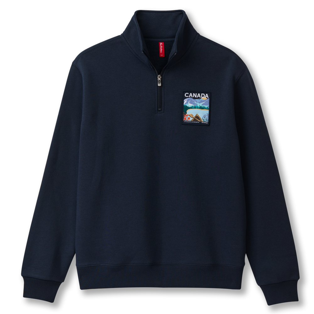 Tims unisex quarter-zip sweatshirt in Navy. || Chandail à fermeture éclair 1/4 unisexe de Tim, bleu marine.