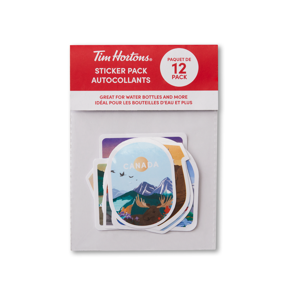 Tims Travel Collection Canada Sticker Pack of 12.  || Paquet de 12 autocollants Canada de la collection de voyage Tim. 