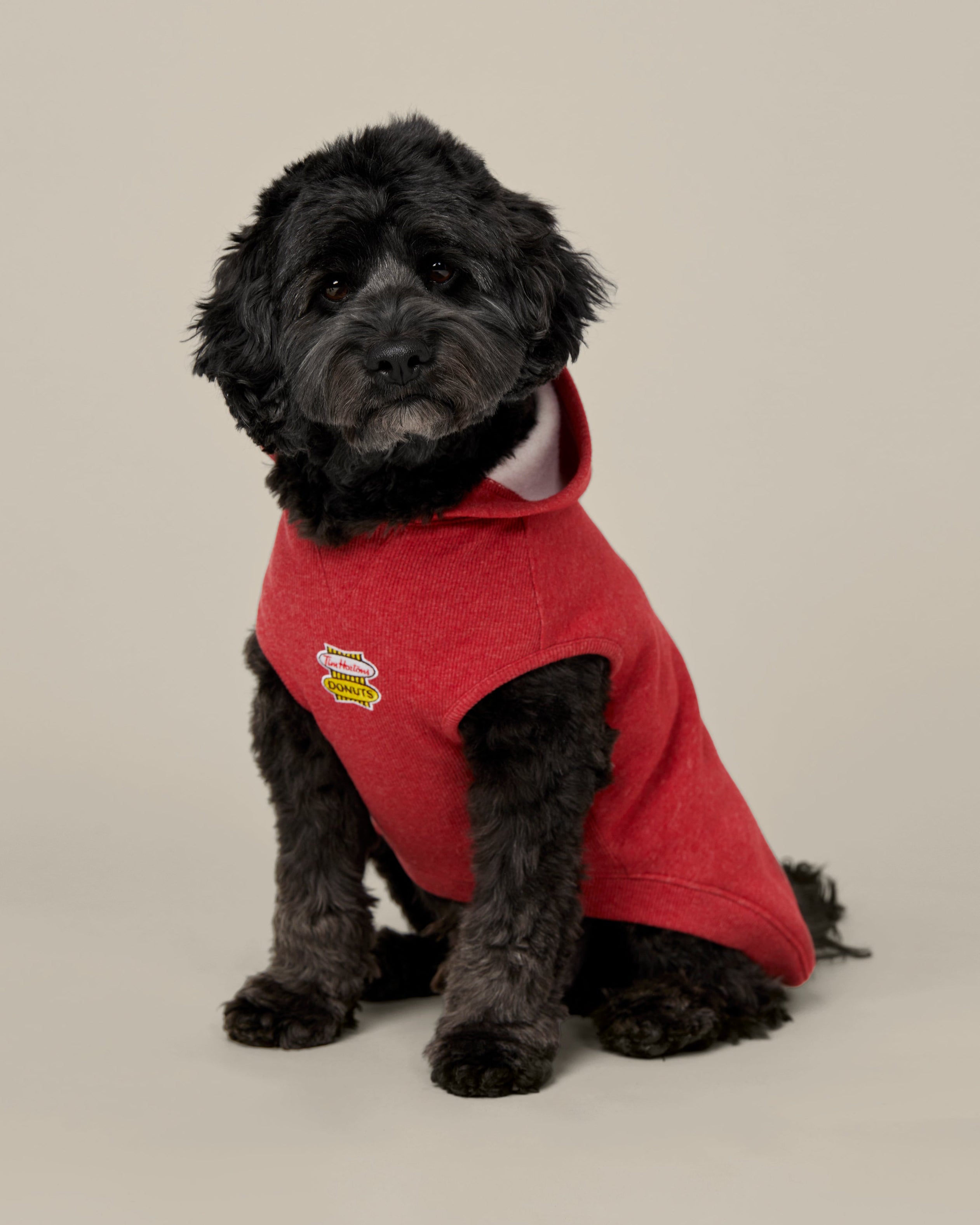 Red marl pet hoodie with retro Tim Hortons logo printed on back | Chandail à capuchon pour animaux rouge chiné avec logo Tim Hortons rétro imprimé sur le dos. - Image #1