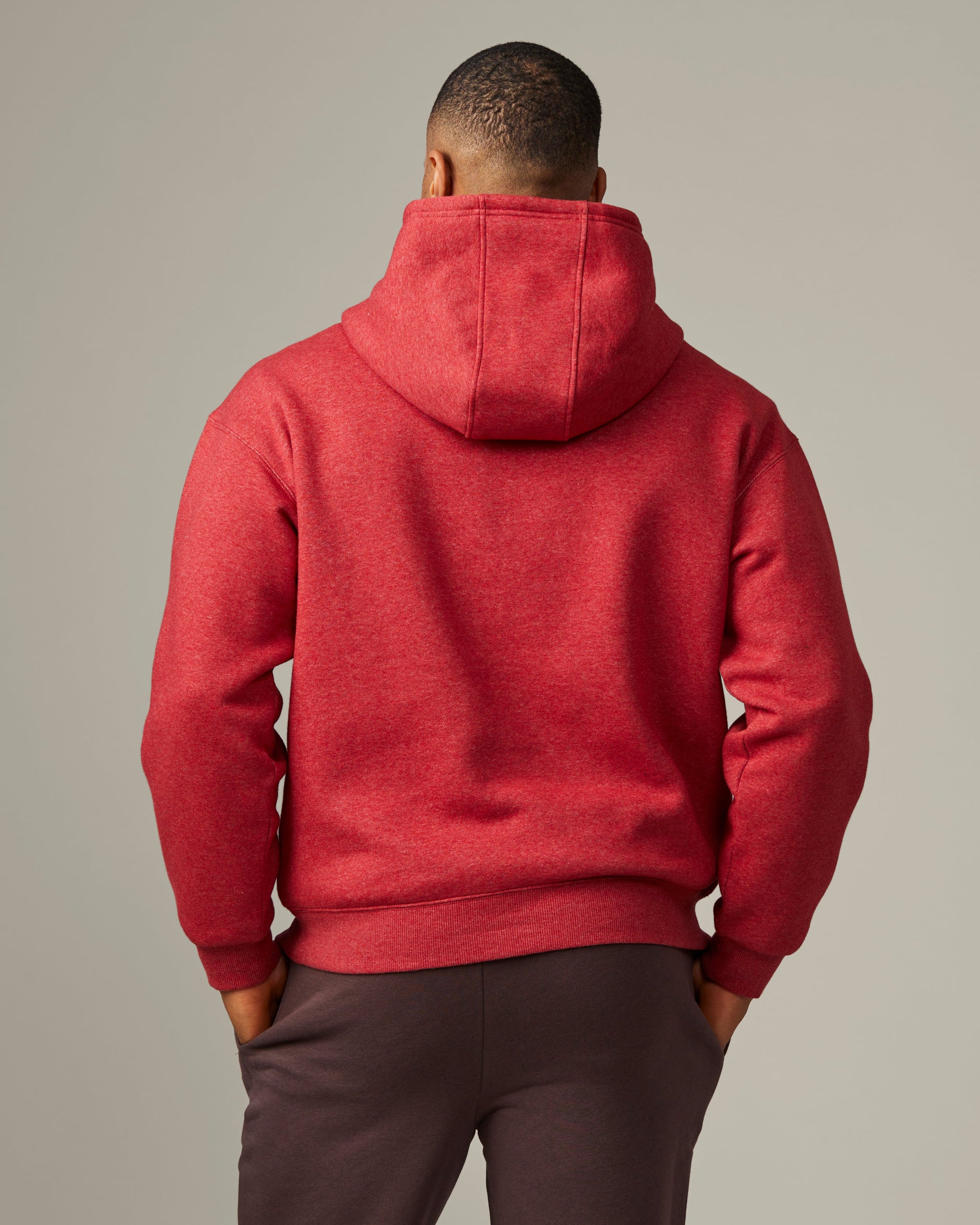 Red marl unisex hoodie featuring retro Tim Hortons logo on chest | Chandail à capuchon unisexe rouge chiné avec logo Tim Hortons rétro à l’avant. - Image #2
