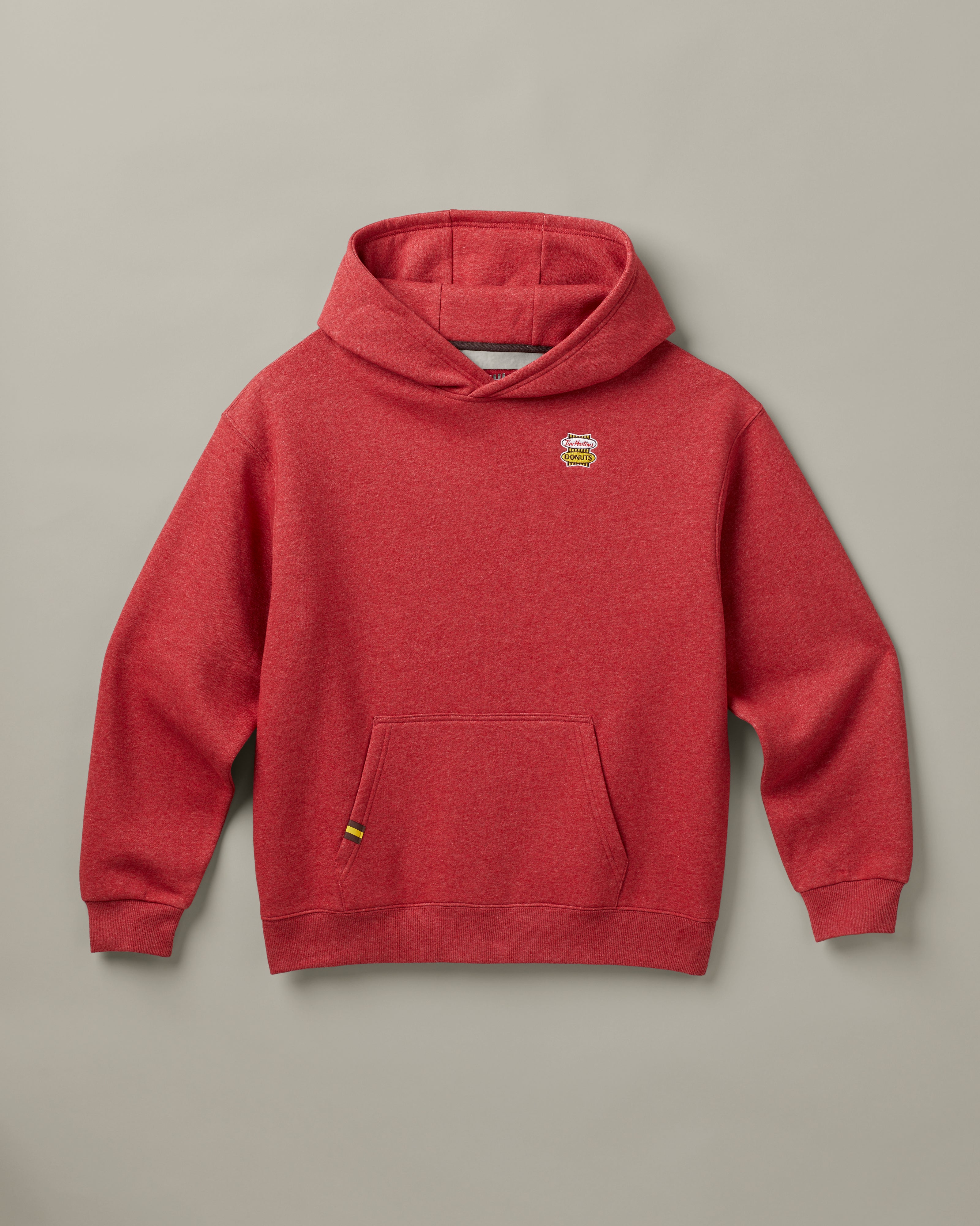 Red marl unisex hoodie featuring retro Tim Hortons logo on chest | Chandail à capuchon unisexe rouge chiné avec logo Tim Hortons rétro à l’avant. - Image #6