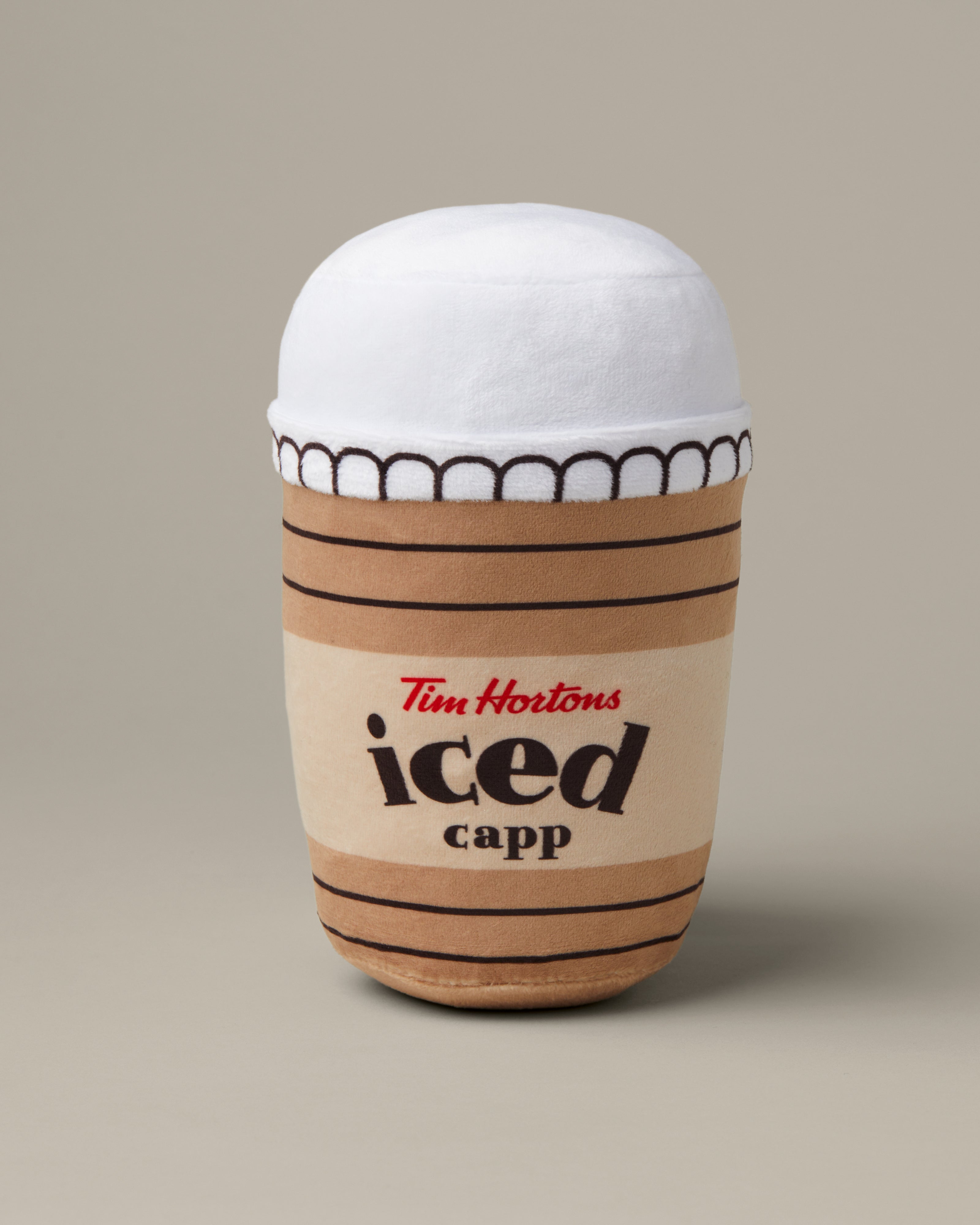 Plush Iced Capp® pet toy featuring English retro Tim Hortons branding | Jouet en peluche cappuccino glacé avec marque Tim Hortons rétro en anglais.