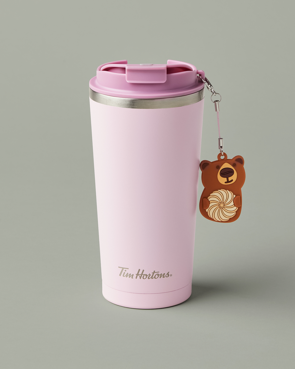 Limited edition Tim Hortons Timbits® 16oz Pink Travel Mug With Bear Charm | Gobelet de voyage rose en acier inoxydable de 16 oz Tim Hortons en édition limitée avec porte-bonheur ourson - Image #1
