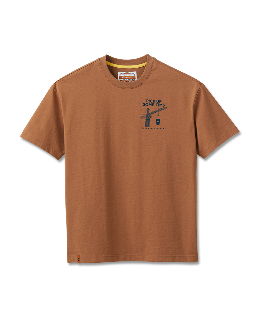 Maple brown T-shirt with “Pick Up Some Tims” retro-style graphic. | T-shirt couleur érable avec un logo « Pick Up Some Tims » rétro - Image #4