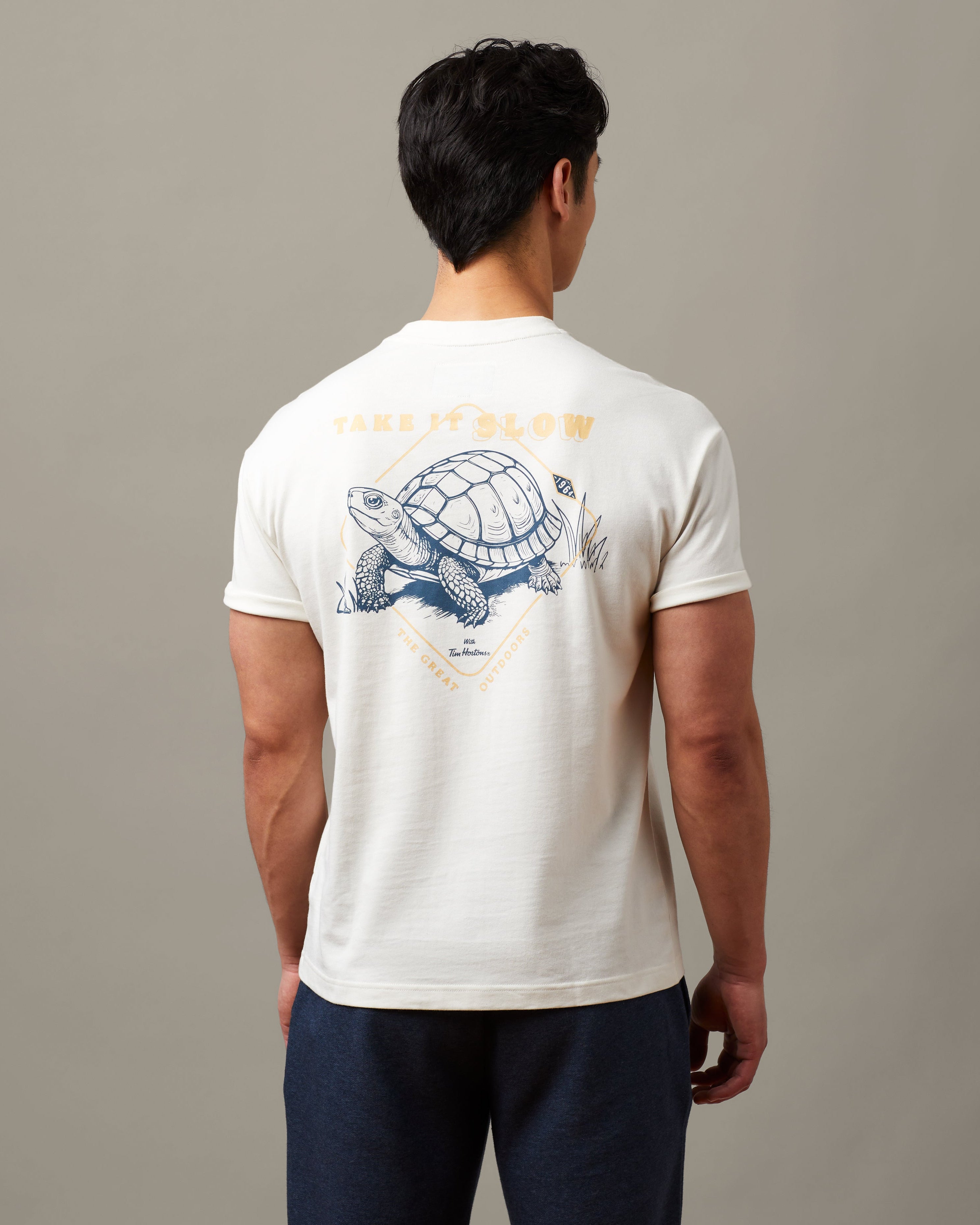 Natural unisex t-shirt featuring Take it Slow Tim Hortons graphic | T-shirt unisexe couleur naturelle « Take it Slow » de Tim Hortons. - Image #2