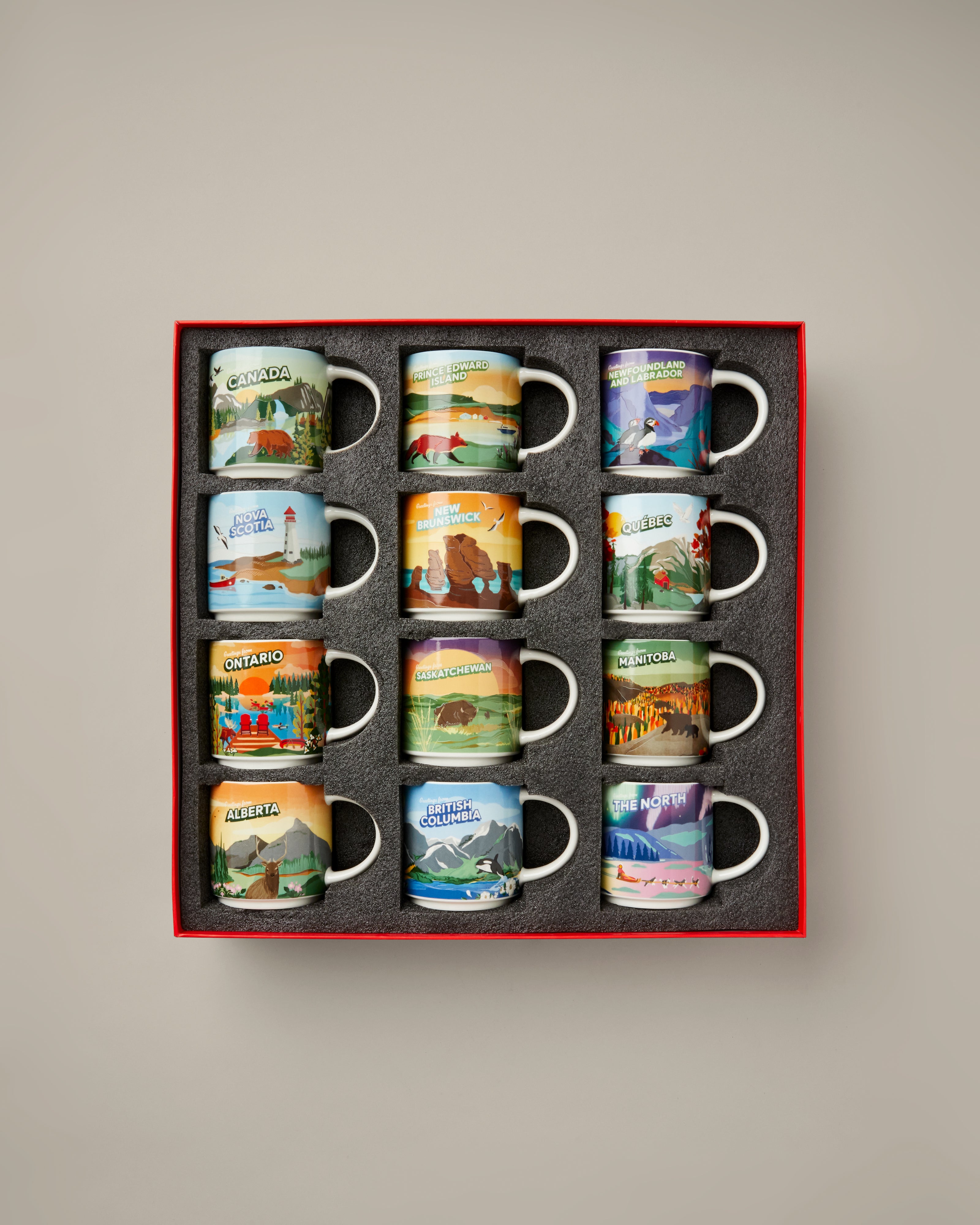 16oz ceramic Tim Hortons provincial mug set of 12, with designs for Canada's provinces | Ensemble de 12 tasses des provinces Tim Hortons de 16 oz représentant les provinces canadiennes. - Image #1