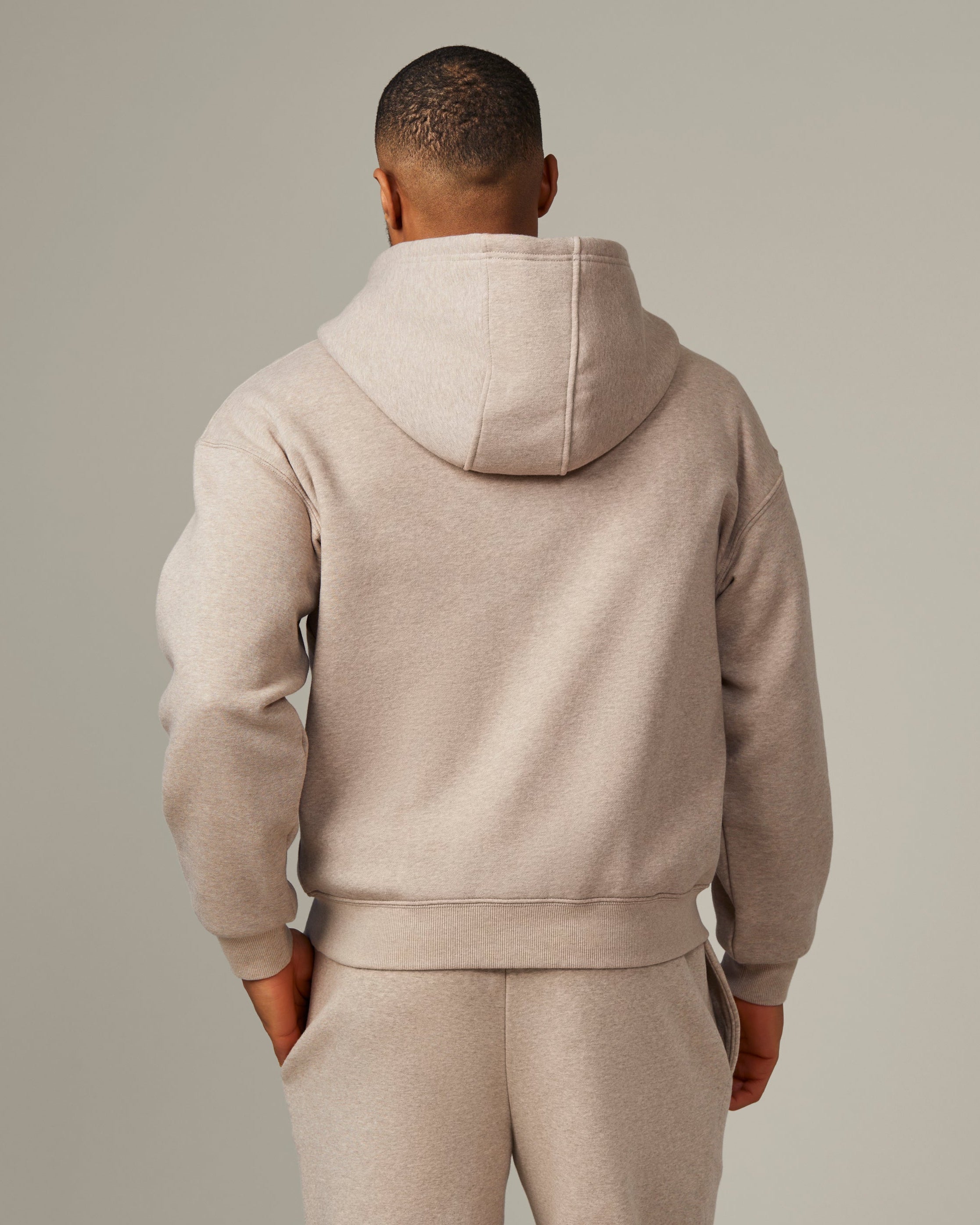 Unisex full zip hoodie in Iced Capp® marl colour with retro Tim Hortons logo | Chandail à capuchon unisexe à glissière gris chiné cappuccino glacé avec logo Tim Hortons rétro. - Image #4