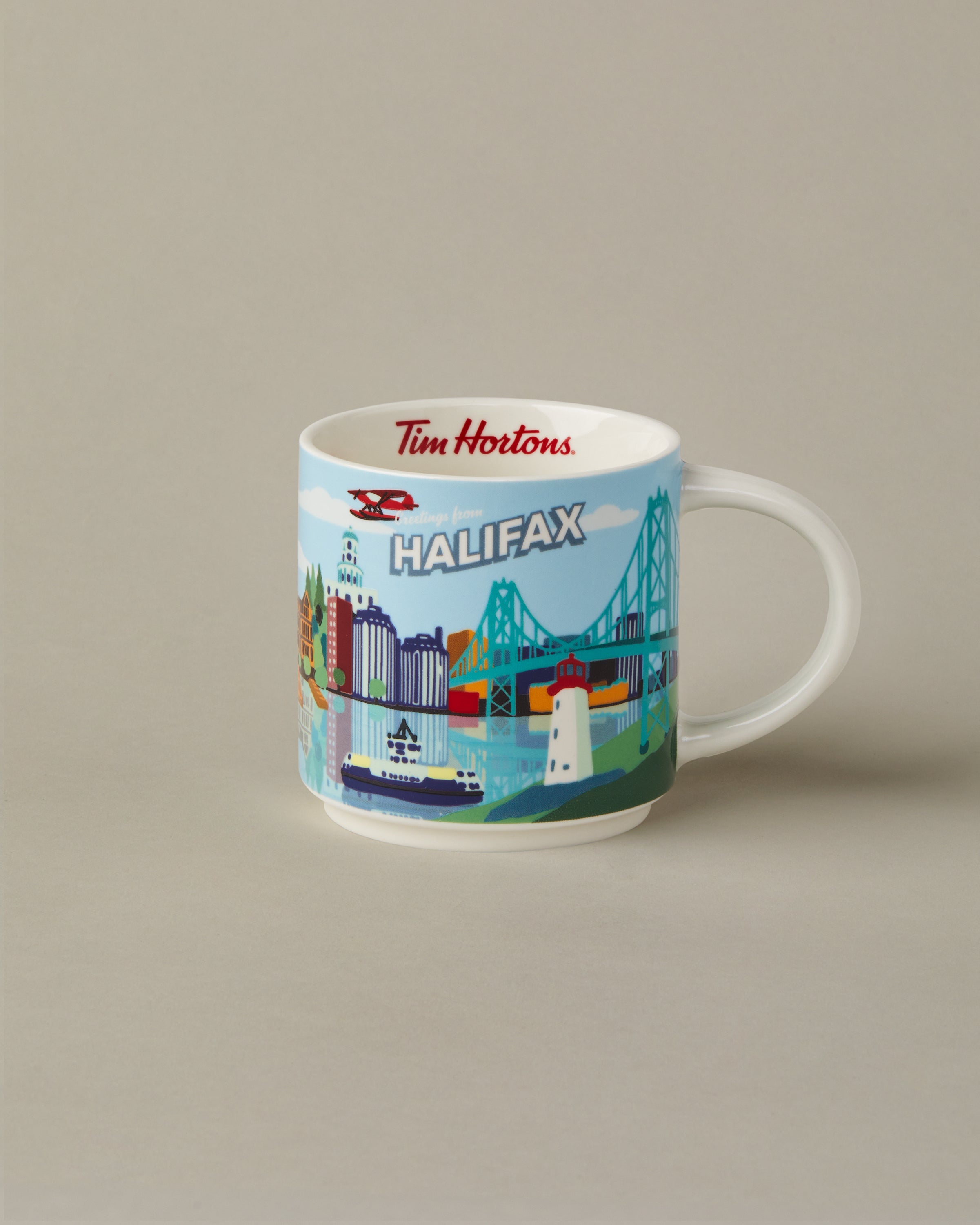 16oz ceramic Tim Hortons mug with Halifax skyline design | Tasse Tim Hortons de 16 oz représentant l’horizon de Halifax. - Image #1