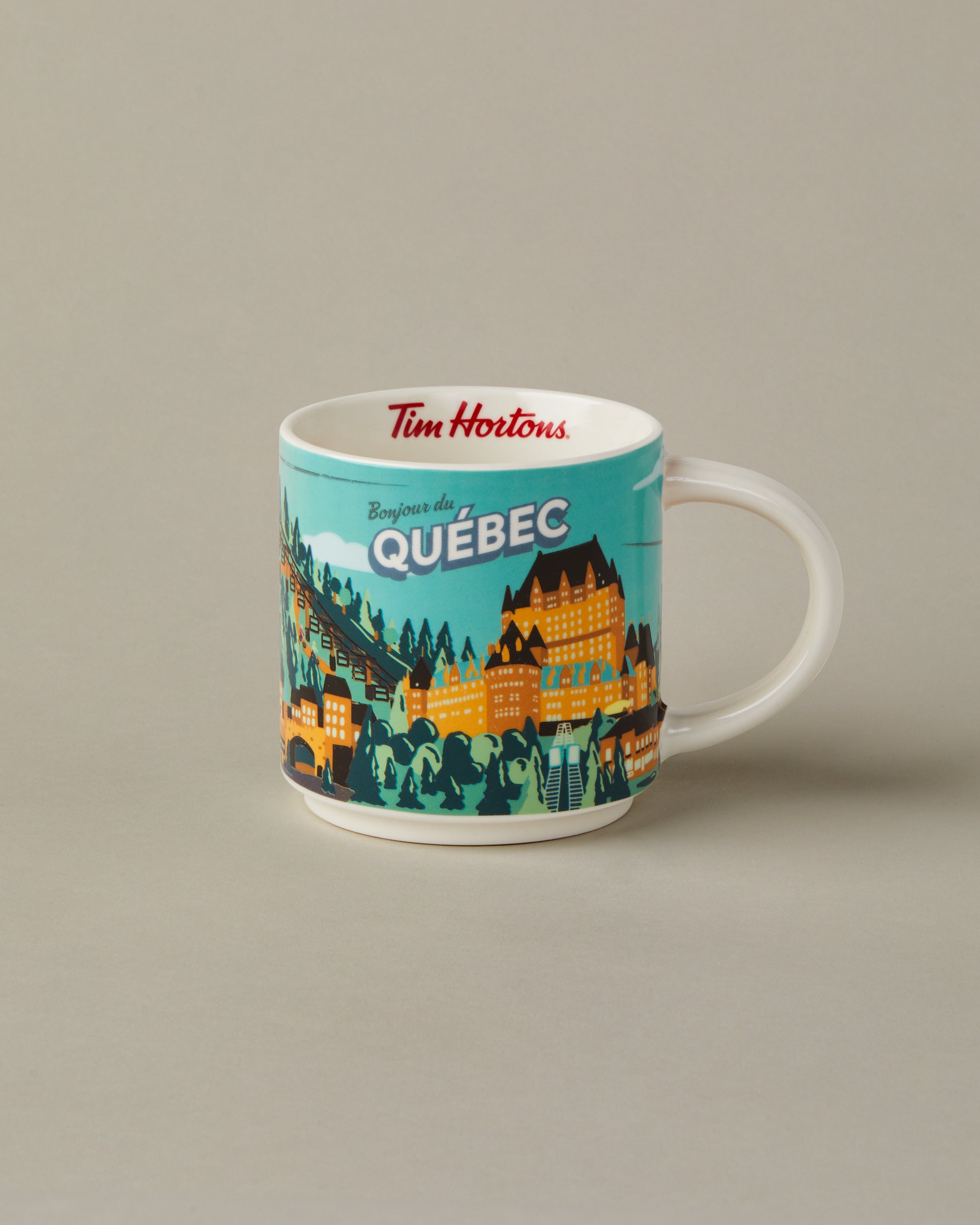 16oz ceramic Tim Hortons mug with Quebec City landmarks design | Tasse Tim Hortons de 16 oz représentant les monuments de la ville de Québec. - Image #1