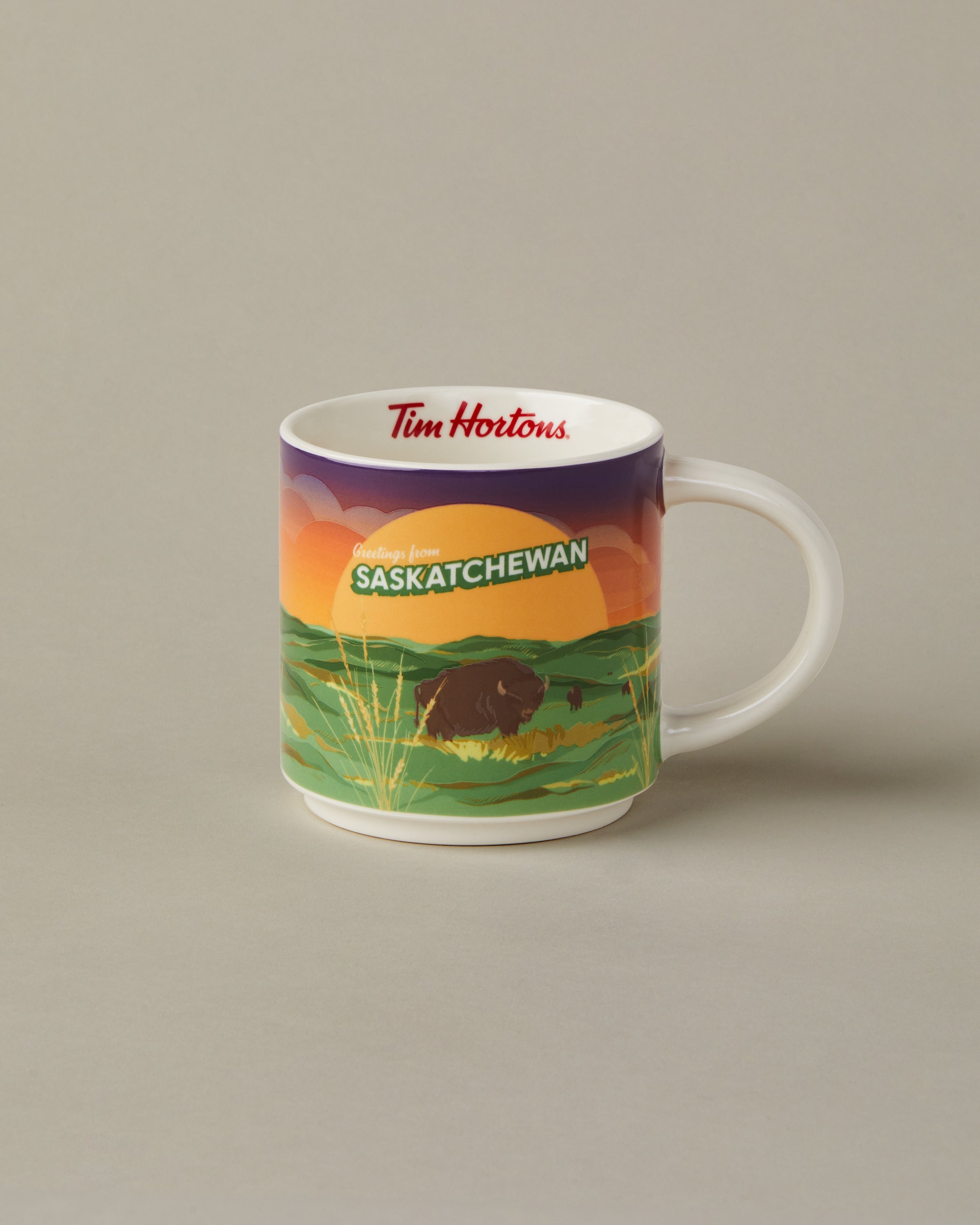 16oz ceramic Tim Hortons mug with Saskatchewan landscape design | Tasse Tim Hortons de 16 oz représentant des paysages de la Saskatchewan. - Image #1