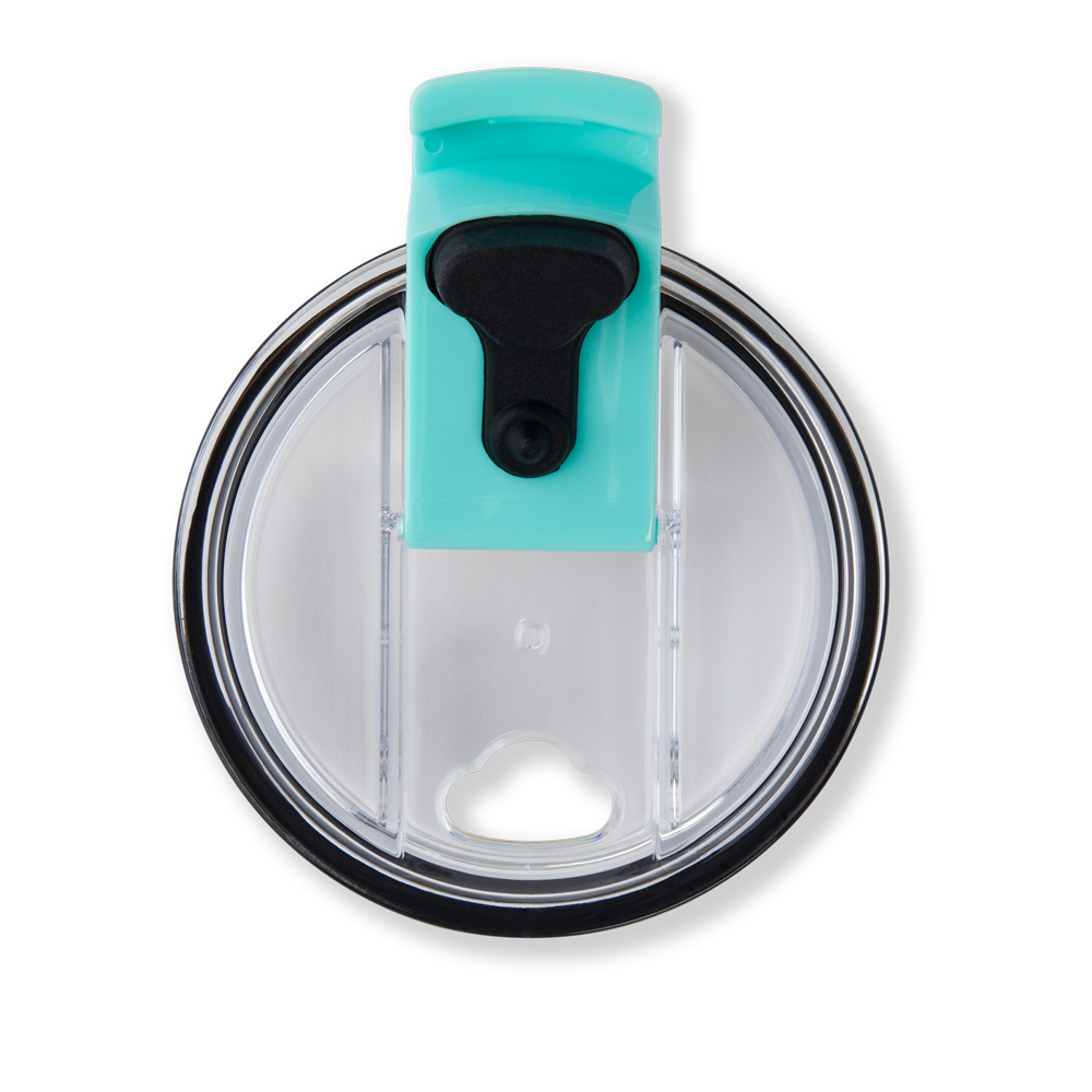 Tims Spring travel tumbler in stylish aqua or iridescent for use with hot and cold drinks.  