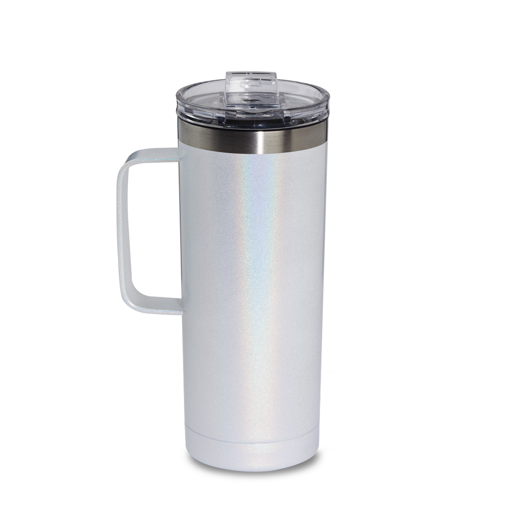Tims Spring travel tumbler in stylish aqua or iridescent for use with hot and cold drinks. 