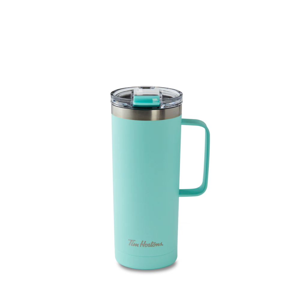 Tims Spring travel tumbler in stylish aqua or iridescent for use with hot and cold drinks.  || Gobelet de voyage aqua ou irisé pour boissons chaudes ou froides de la collection du printemps de Tim 