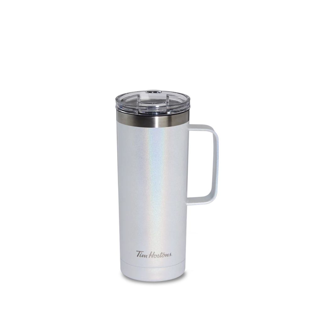 Tims Spring travel tumbler in stylish aqua or iridescent for use with hot and cold drinks. || Gobelet de voyage aqua ou irisé pour boissons chaudes ou froides de la collection du printemps de Tim 