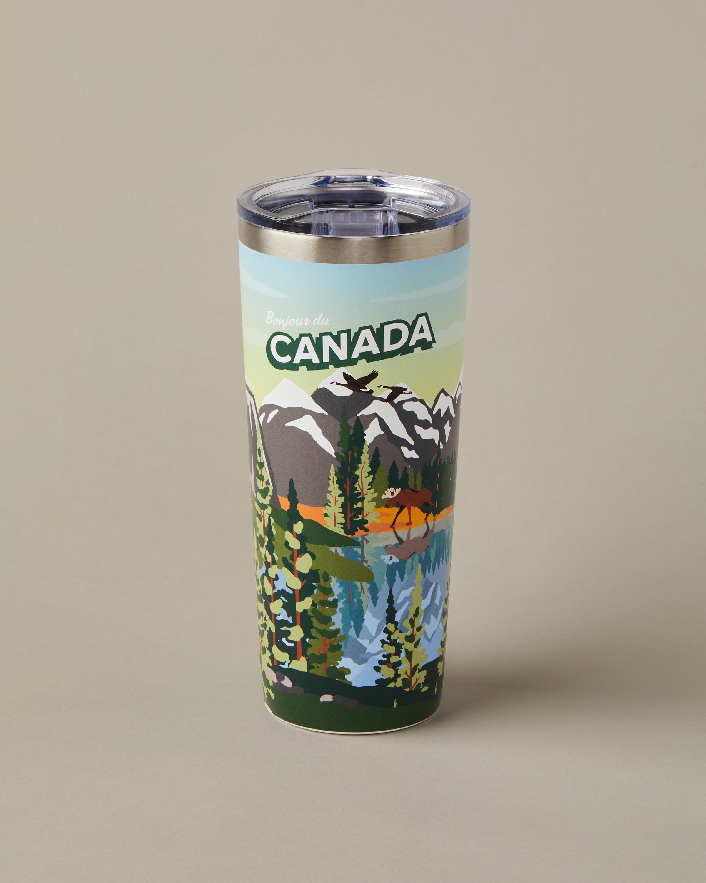 22oz stainless steel Tim Hortons travel mug with Canada landscape design, insulated for hot and cold drinks | Gobelet de voyage en acier inoxydable Tim Hortons de 22 oz représentant des paysages du Canada, isotherme pour boissons chaudes et froides. - Image #1