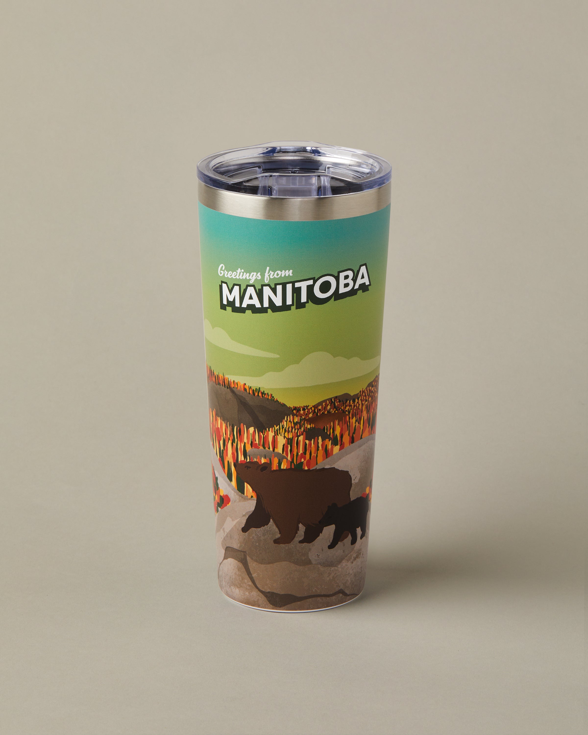 22oz stainless steel Tim Hortons travel mug with Manitoba landscape design, insulated for hot and cold drinks | Gobelet de voyage en acier inoxydable Tim Hortons de 22 oz représentant des paysages du Manitoba, isotherme pour boissons chaudes et froides. - Image #1
