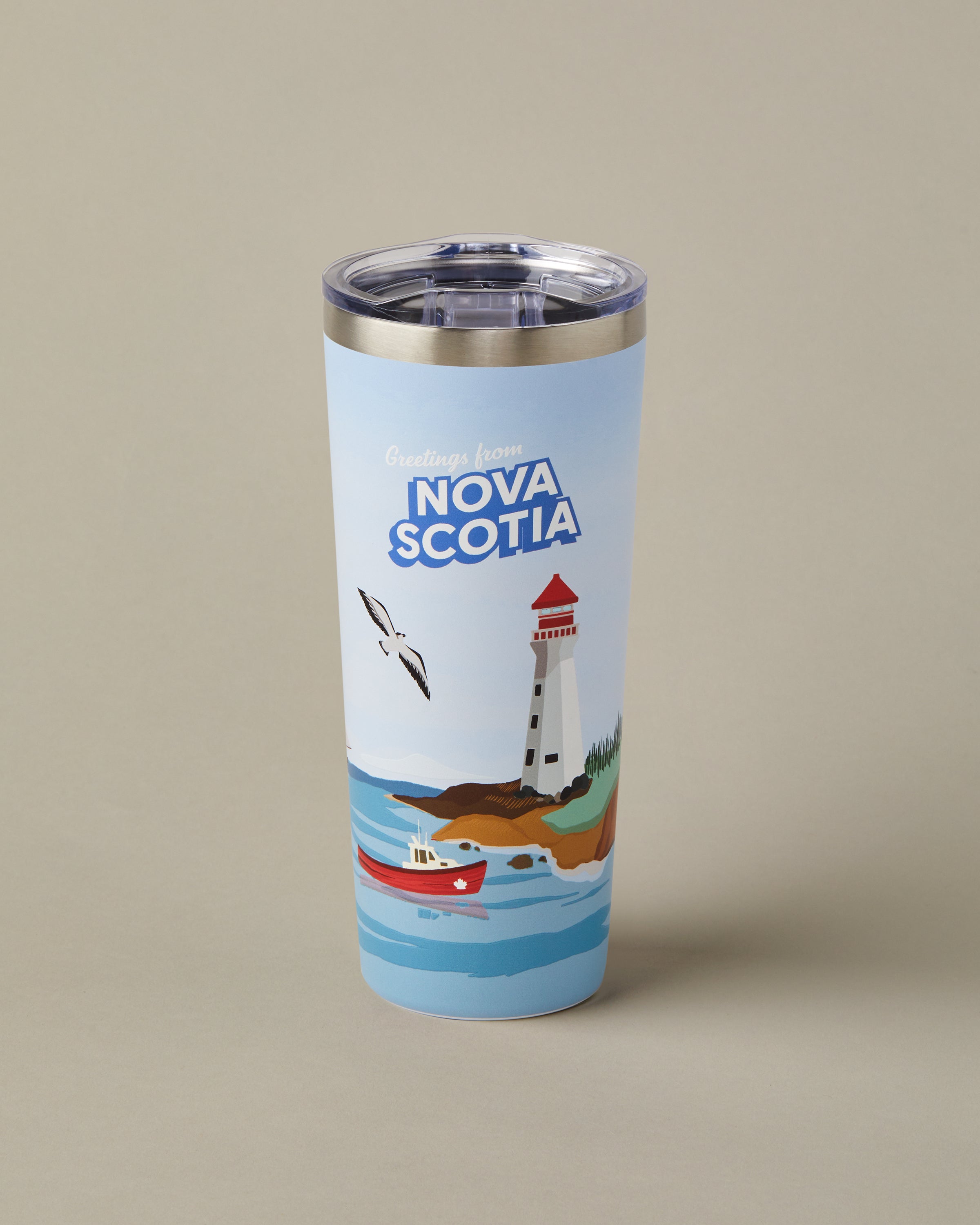 22oz stainless steel Tim Hortons travel mug with Nova Scotia landscape design, insulated for hot and cold drinks | Gobelet de voyage en acier inoxydable Tim Hortons de 22 oz représentant des paysages de la Nouvelle-Écosse, isotherme pour boissons chaudes et froides. - Image #1