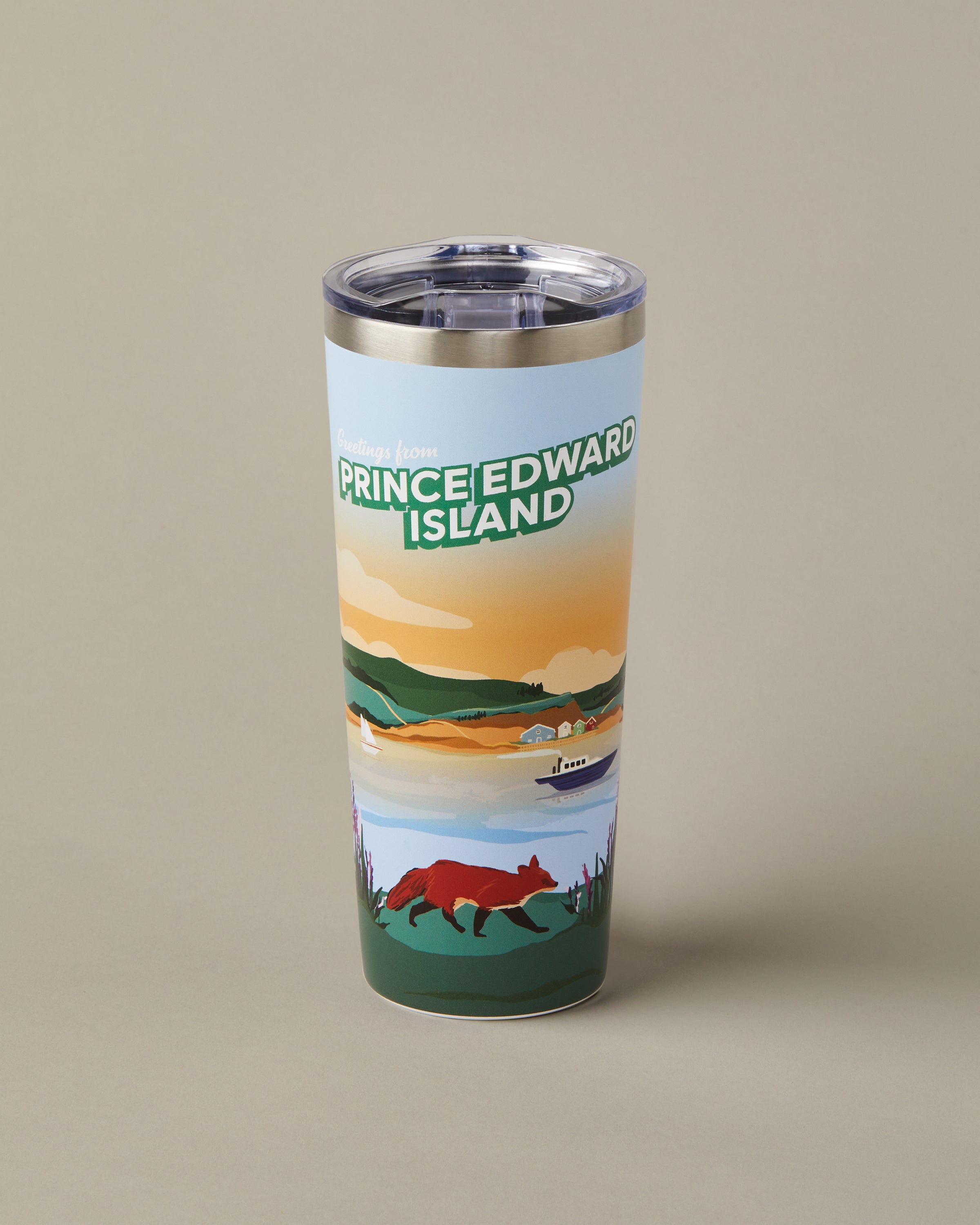 22oz stainless steel Tim Hortons travel mug with Prince Edward Island landscape design, insulated for hot and cold drinks | Gobelet de voyage en acier inoxydable Tim Hortons de 22 oz représentant des paysages de l’Île-du-Prince-Édouard, isotherme pour boissons chaudes et froides. - Image #1