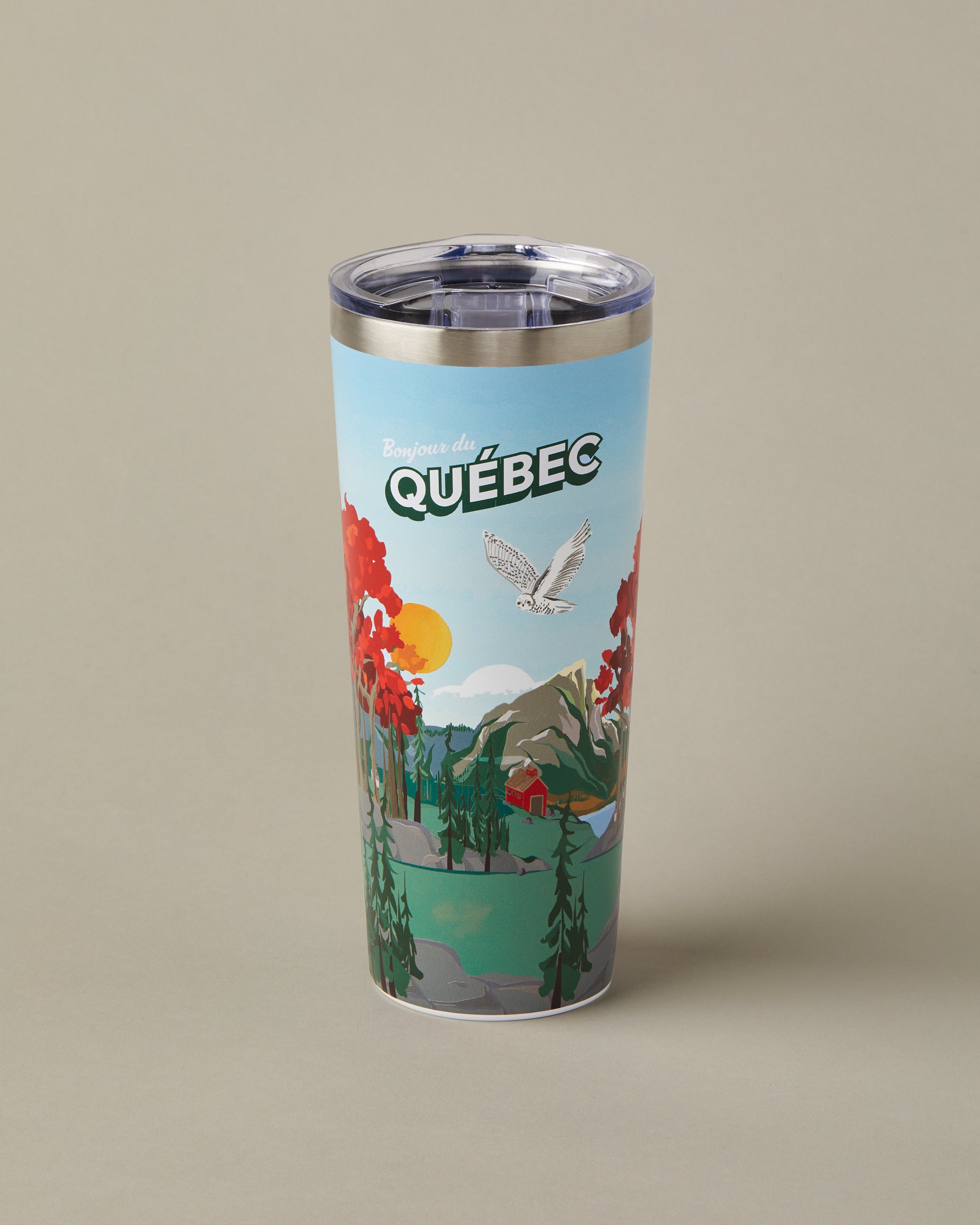 22oz stainless steel Tim Hortons travel mug with Quebec landscape design, insulated for hot and cold drinks | Gobelet de voyage en acier inoxydable Tim Hortons de 22 oz représentant des paysages du Québec, isotherme pour boissons chaudes et froides. - Image #1