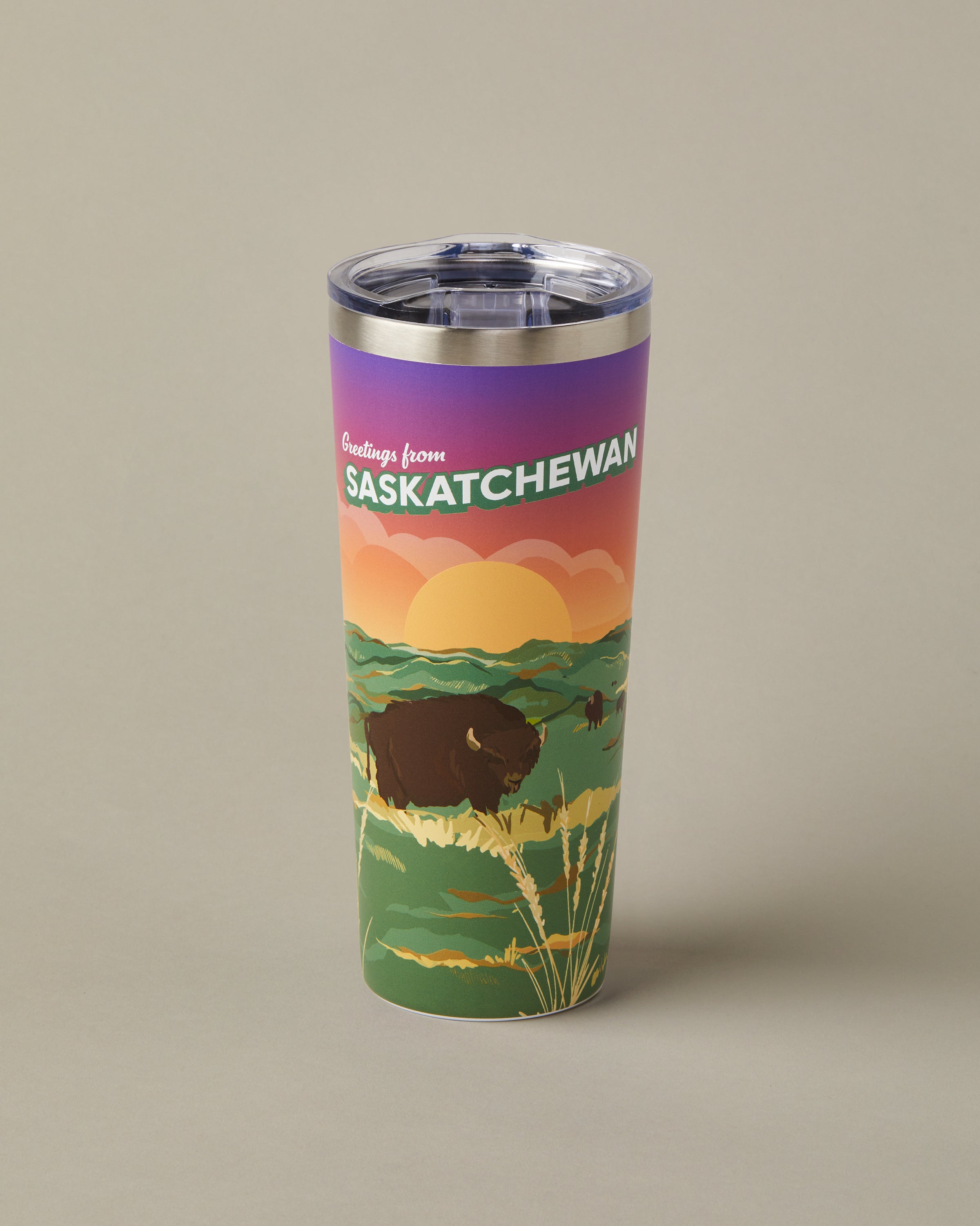 22oz stainless steel Tim Hortons travel mug with Saskatchewan landscape design, insulated for hot and cold drinks | Gobelet de voyage en acier inoxydable Tim Hortons de 22 oz représentant des paysages de la Saskatchewan, isotherme pour boissons chaudes et froides. - Image #1