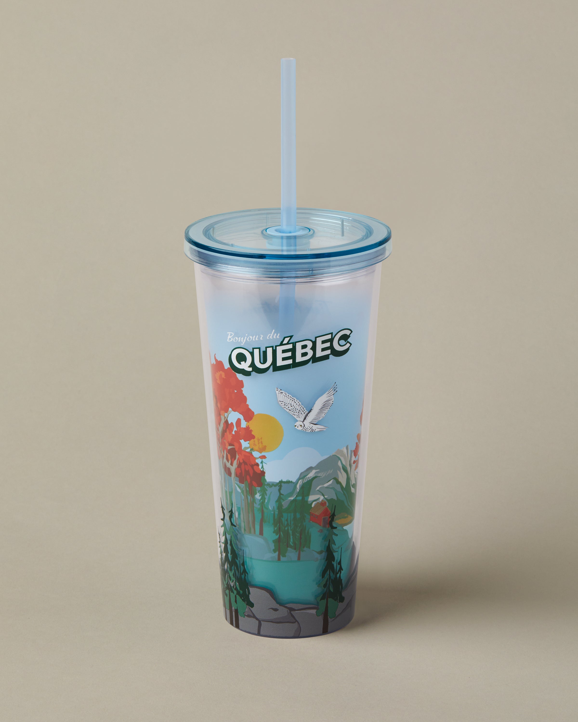 24oz Plastic Straw Tumbler with Canada design, for cold drinks | Gobelet de plastique de 24 oz avec paille représentant des paysages canadiens, pour les boissons froides. - Image #1