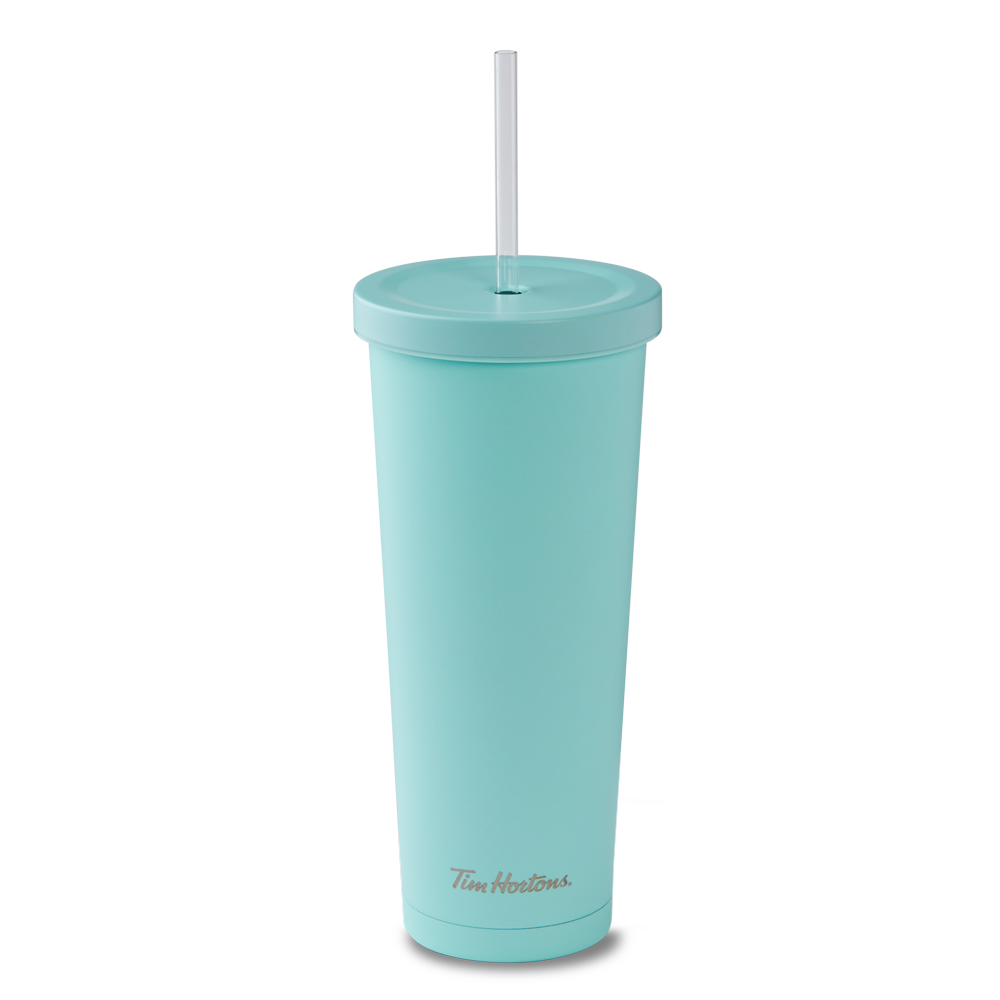 Spring Drinkware stainless steel 24oz straw tumbler in aqua/iridescent || Gobelet avec paille en acier inoxydable de 24 oz aqua ou irisé de la collection du printemps de Tim