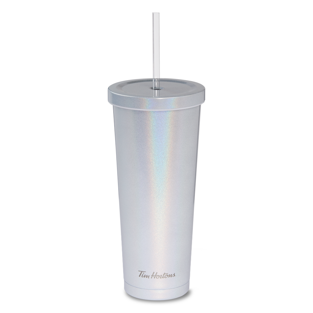 Spring Drinkware stainless steel 24oz straw tumbler in aqua/iridescent || Gobelet avec paille en acier inoxydable de 24 oz aqua ou irisé de la collection du printemps de Tim