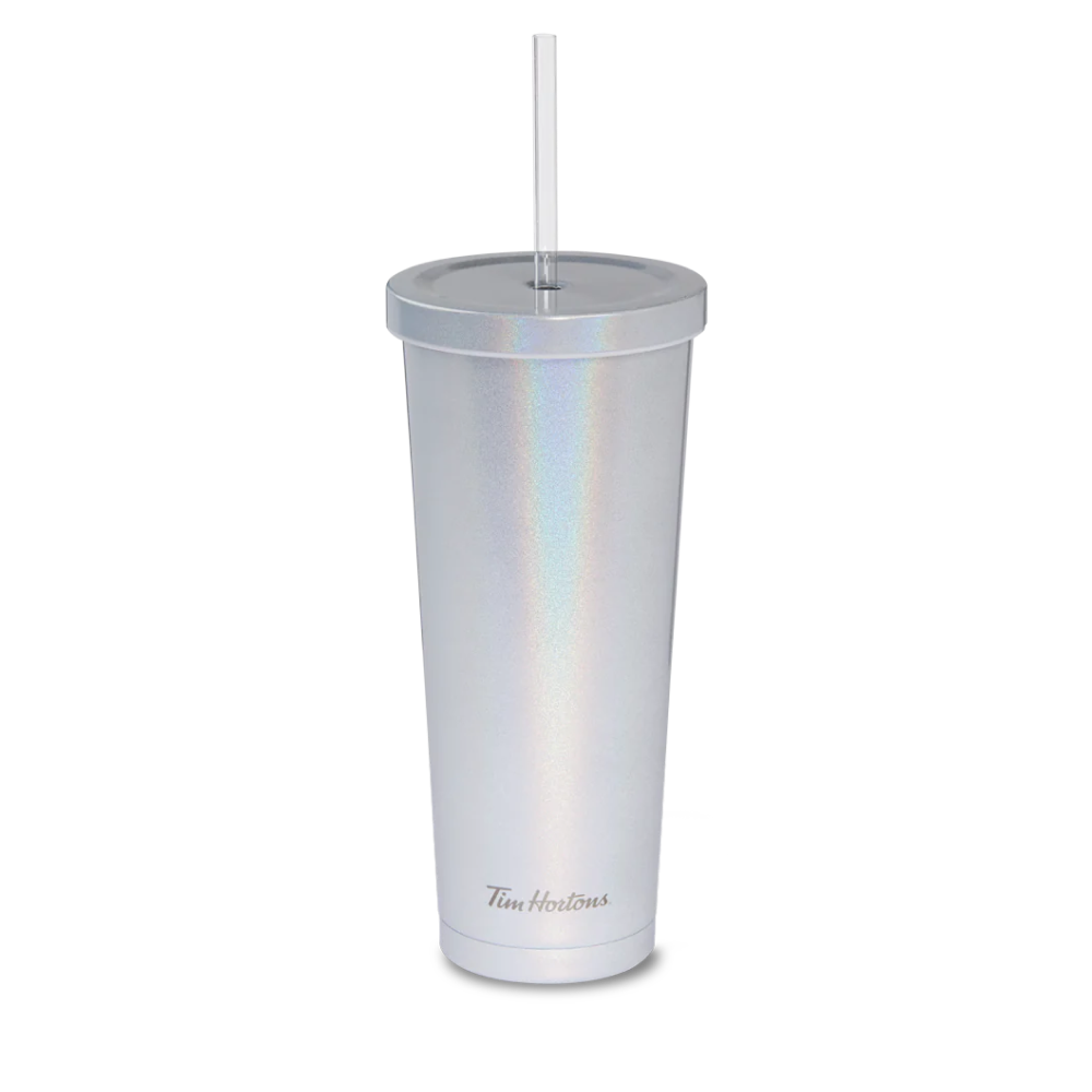 Spring Drinkware stainless steel 24oz straw tumbler in aqua/iridescent || Gobelet avec paille en acier inoxydable de 24 oz aqua ou irisé de la collection du printemps de Tim