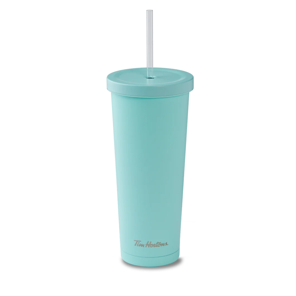 Spring Drinkware stainless steel 24oz straw tumbler in aqua/iridescent || Gobelet avec paille en acier inoxydable de 24 oz aqua ou irisé de la collection du printemps de Tim