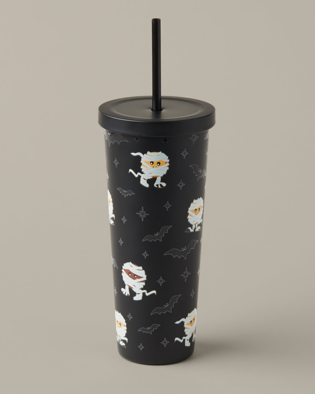 Black 24oz stainless steel straw tumbler printed with Timbits® Mummy characters. | Gobelet en acier inoxydable de 24 oz noir avec paille, avec personnages momie TimbitsMD imprimés. - Image #2
