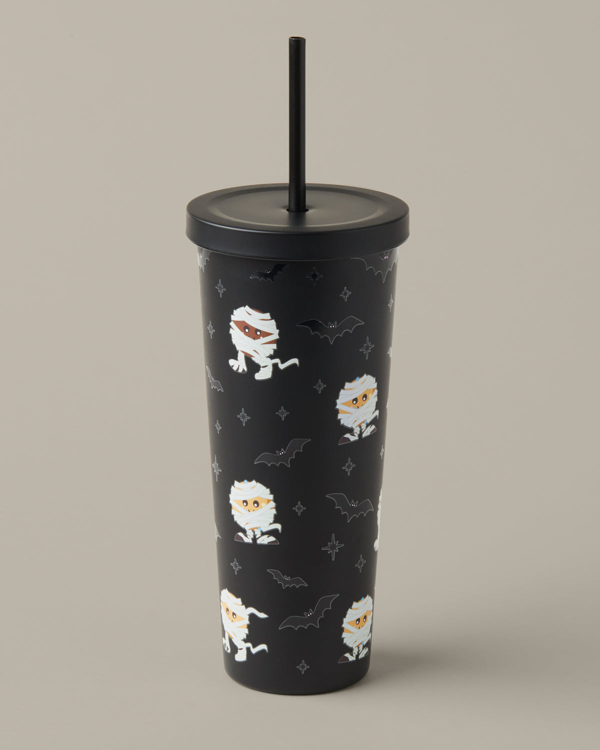 Black 24oz stainless steel straw tumbler printed with Timbits® Mummy characters. | Gobelet en acier inoxydable de 24 oz noir avec paille, avec personnages momie TimbitsMD imprimés. - Image #1