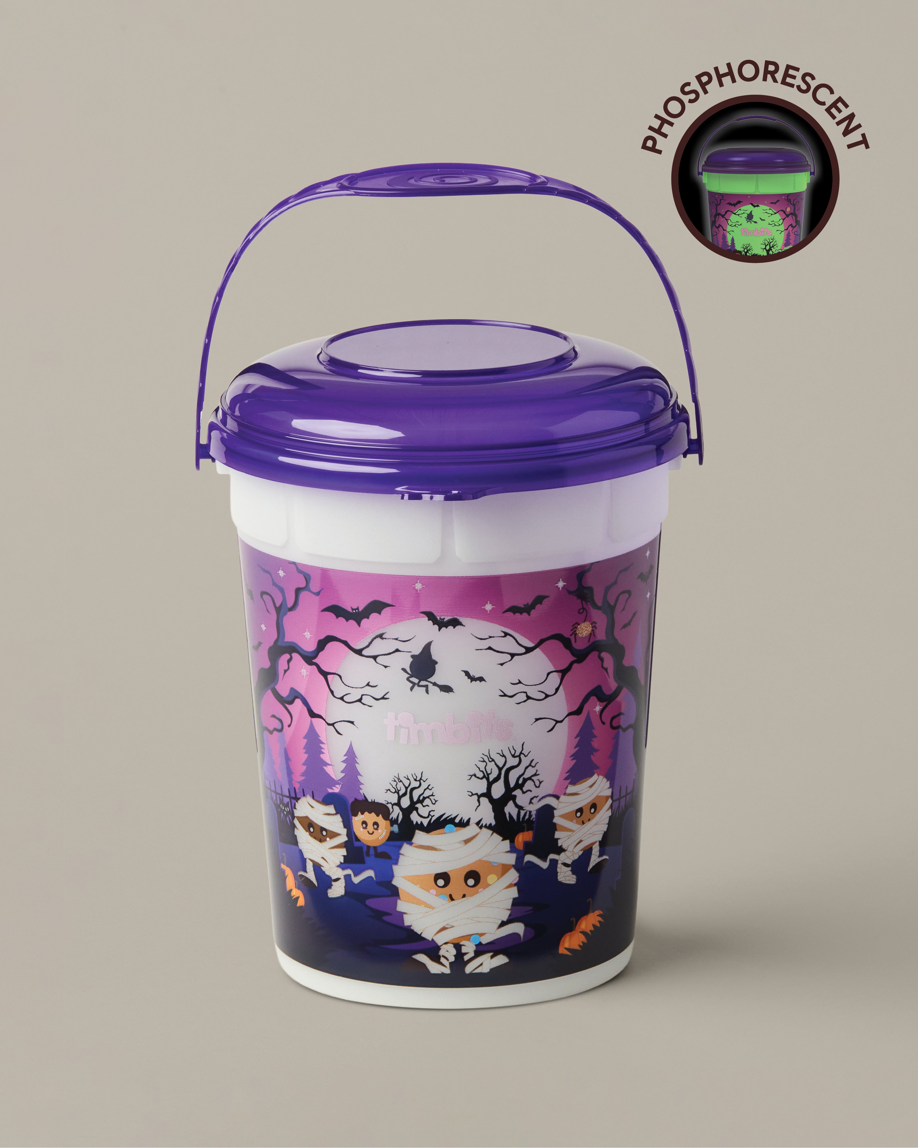 Purple-and-white Timbits® Mummy Halloween bucket shown with a lid and handle | Seau d’Halloween momie TimbitsMD mauve et blanc, présenté avec couvercle et poignée. - Image #2