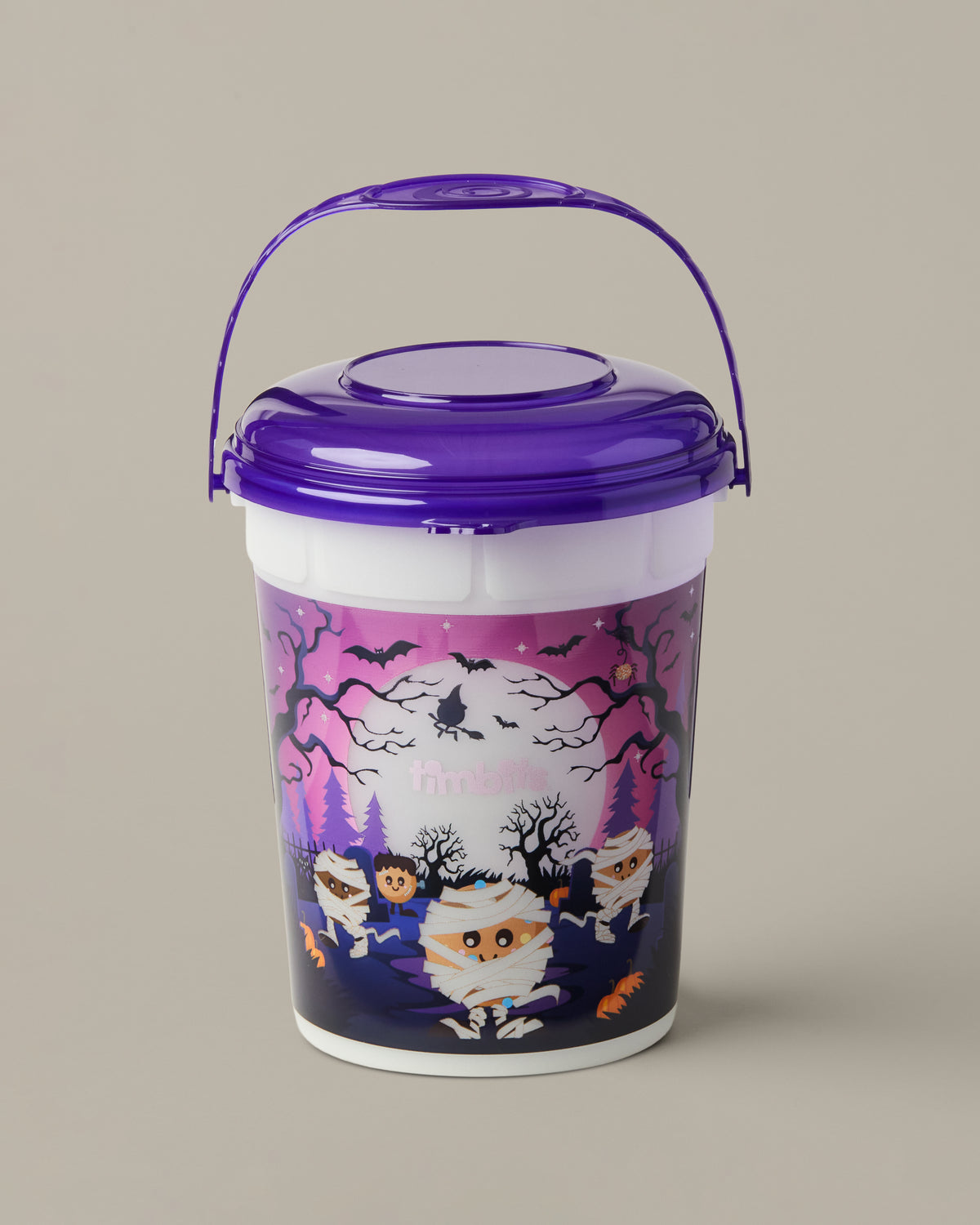 Purple-and-white Timbits® Mummy Halloween bucket shown with a lid and handle | Seau d’Halloween momie TimbitsMD mauve et blanc, présenté avec couvercle et poignée. - Image #4