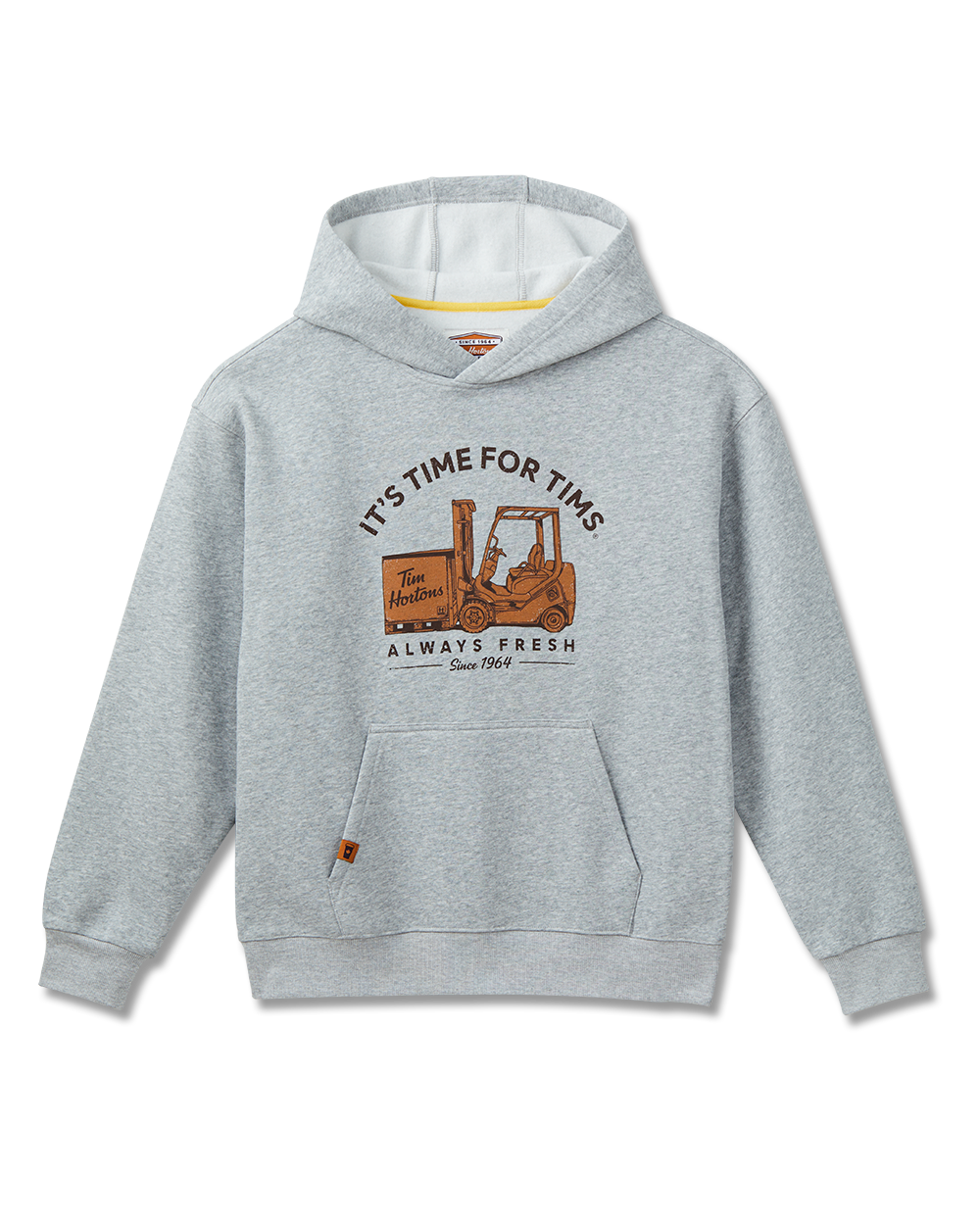 Grey hoodie with “It’s Time for Tims” graphic featuring a forklift carrying Tim Hortons coffee | Chandail à capuchon gris avec un logo « It’s Time for Tims » montrant un chariot élévateur transportant un café Tim Hortons - Image #5
