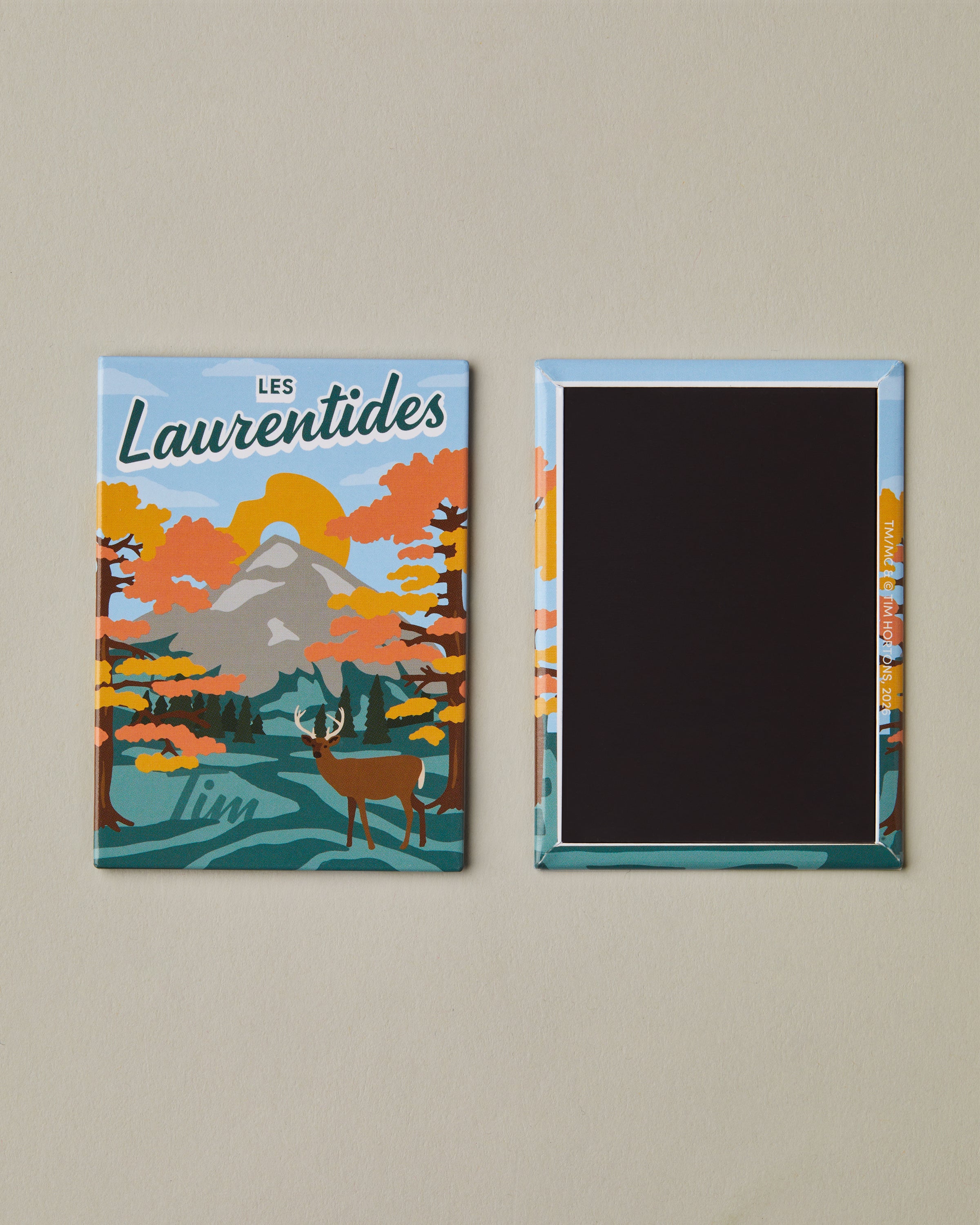 Graphic art magnet featuring Les Laurentides stylized landscape with Tim Hortons iconography | Aimant au design artistique mettant en vedette des paysages stylisés des Laurentides et l’iconographie de Tim Hortons. - Image #1