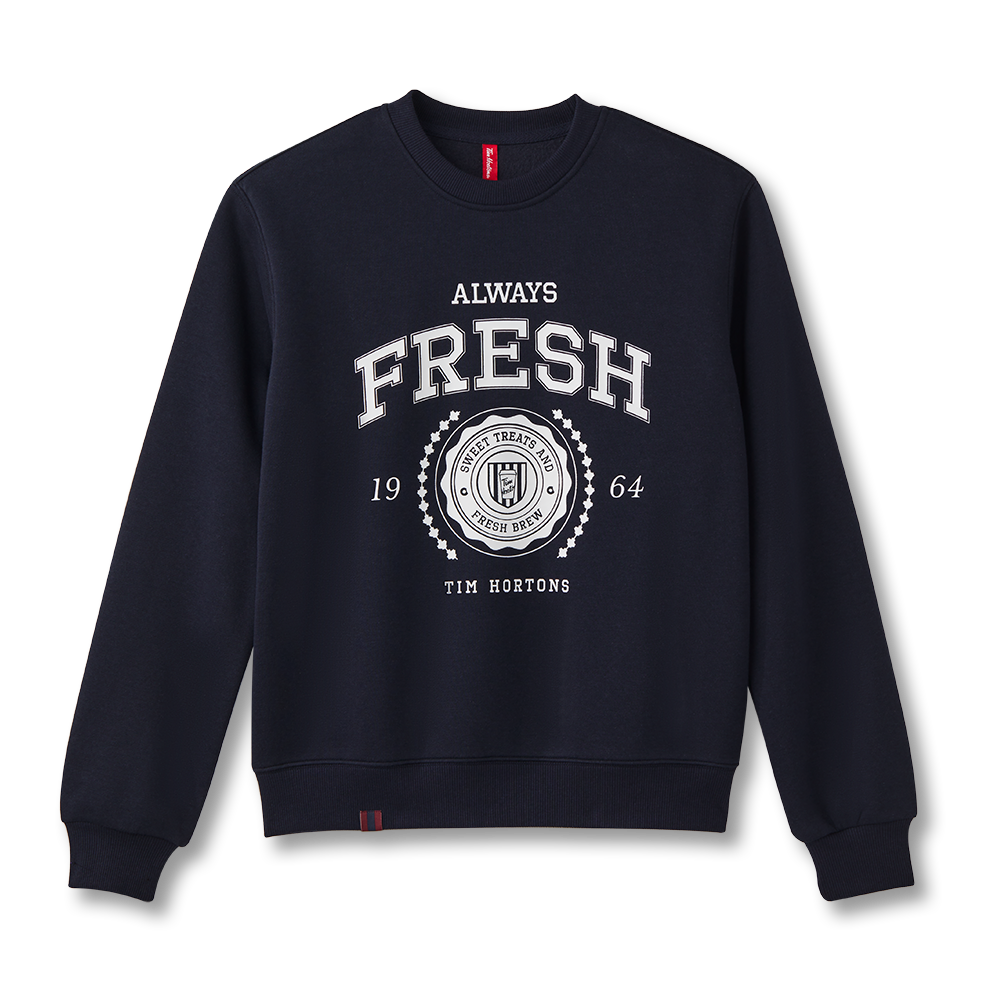 Tims Always Fresh Varsity Crewneck in Navy | Chandail ras-de-cou unisexe Toujours frais bleu marine de Tim Hortons