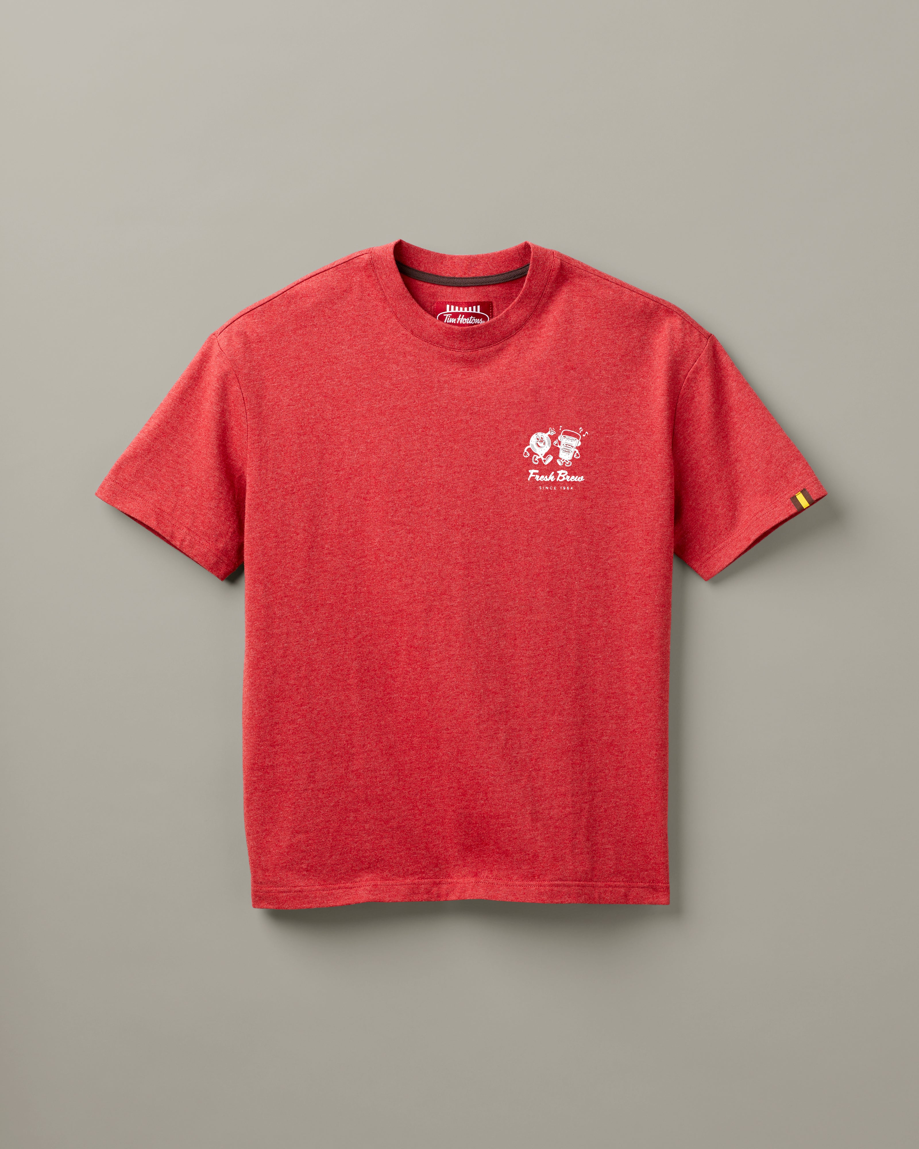 Red marl unisex t-shirt featuring retro Fresh Brew Tim Hortons graphic | T-shirt unisexe rouge chiné avec image rétro Fresh Brew Tim Hortons. - Image #4