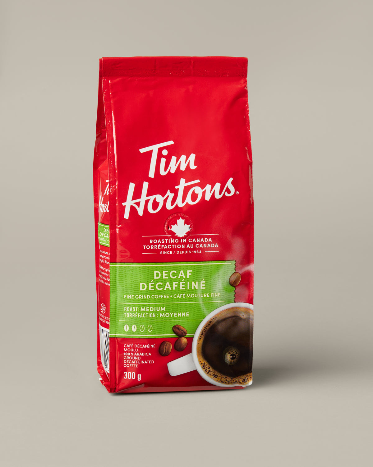 Tim Hortons Decaf Fine Ground Coffee in a 300g bag. | Café décaféiné finement moulu Tim Hortons en sac de 300 g. - Image #1