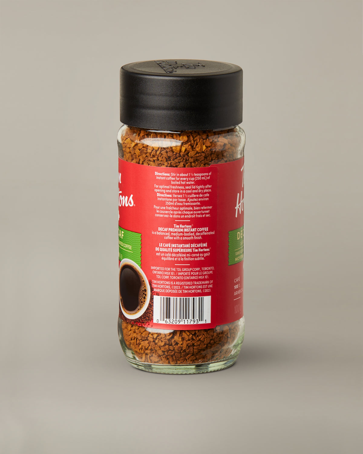 Tim Hortons Decaf Instant Coffee in a 100g jar. | Café instantané décaféiné Tim Hortons en pot de 100 g. - Image #2