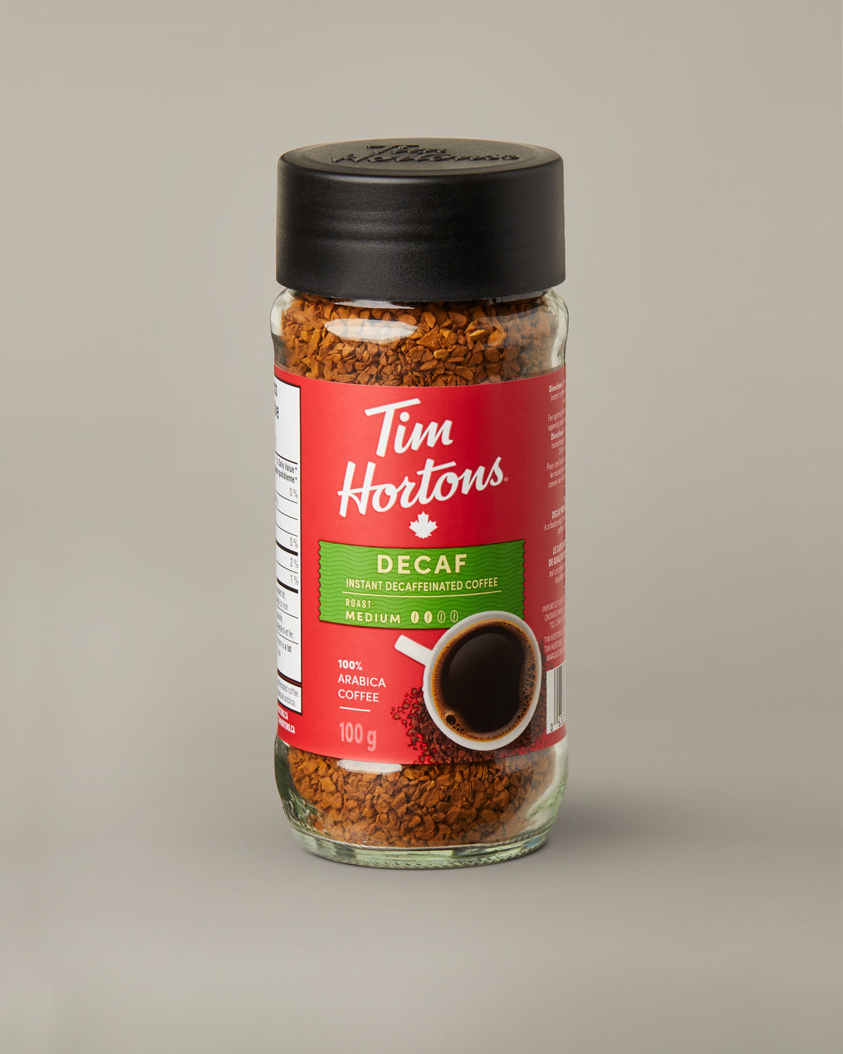 Tim Hortons Decaf Instant Coffee in a 100g jar. | Café instantané décaféiné Tim Hortons en pot de 100 g. - Image #1