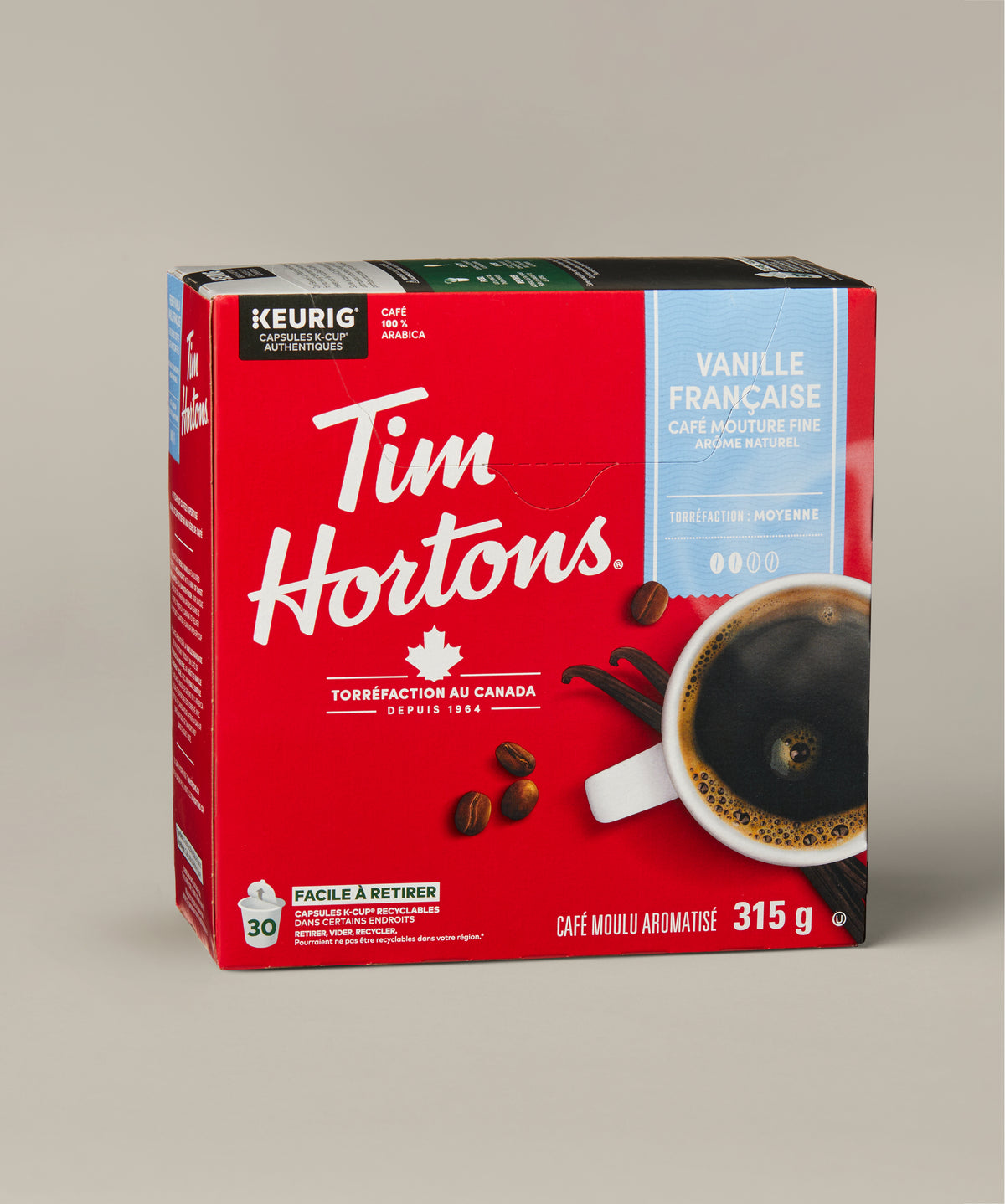 Tim Hortons French Vanilla, box of 30 Keurig-compatible K-Cup coffee pods. | Café vanille française Tim Hortons, boîte de 30 capsules de café K-Cup compatibles avec Keurig. - Image #2